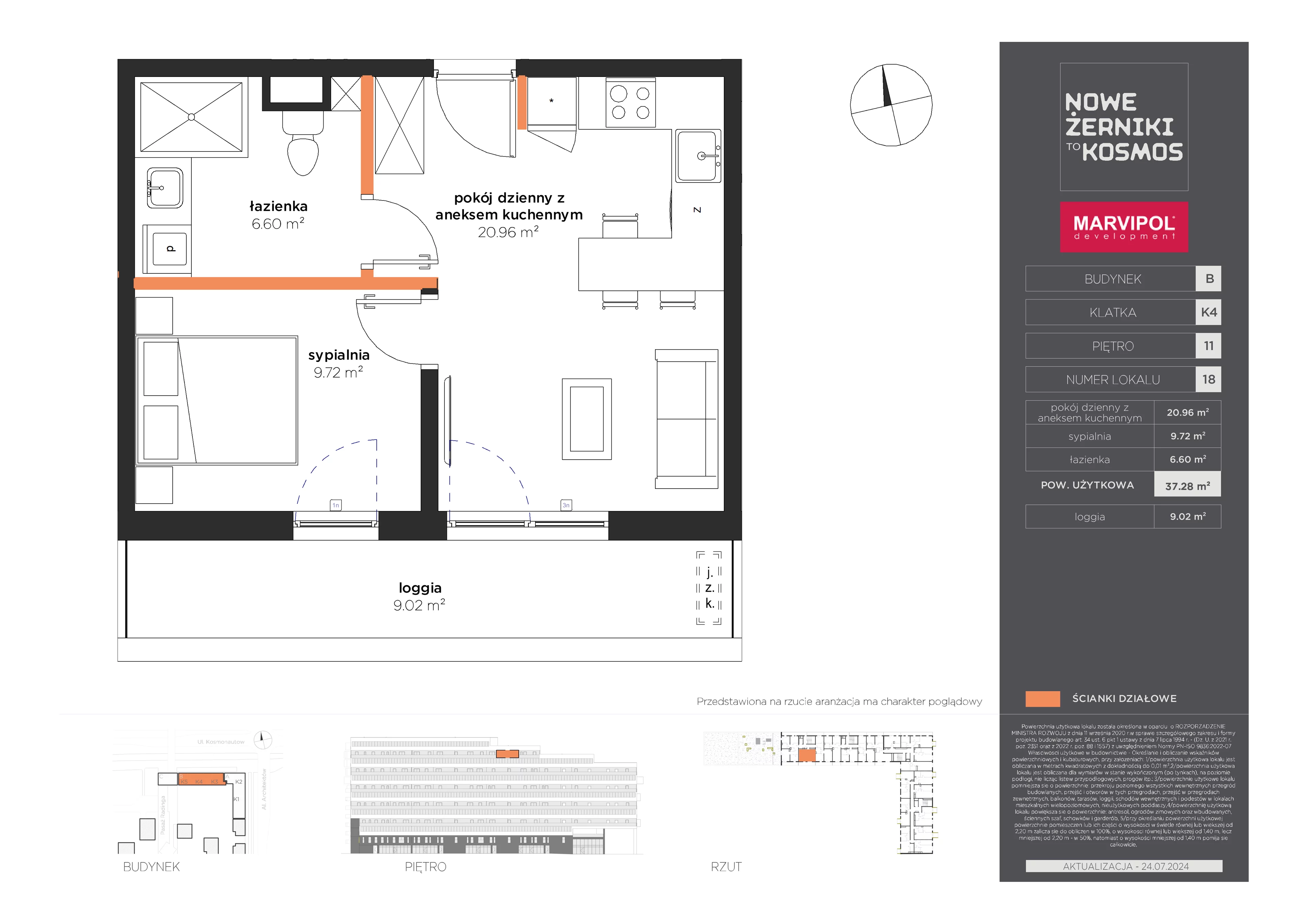 2 pokoje, mieszkanie 37,28 m², piętro 11, oferta nr B/B-11-18-K4, Nowe Żerniki to KOSMOS, Wrocław, Żerniki, ul. Kosmonautów / al. Architektów