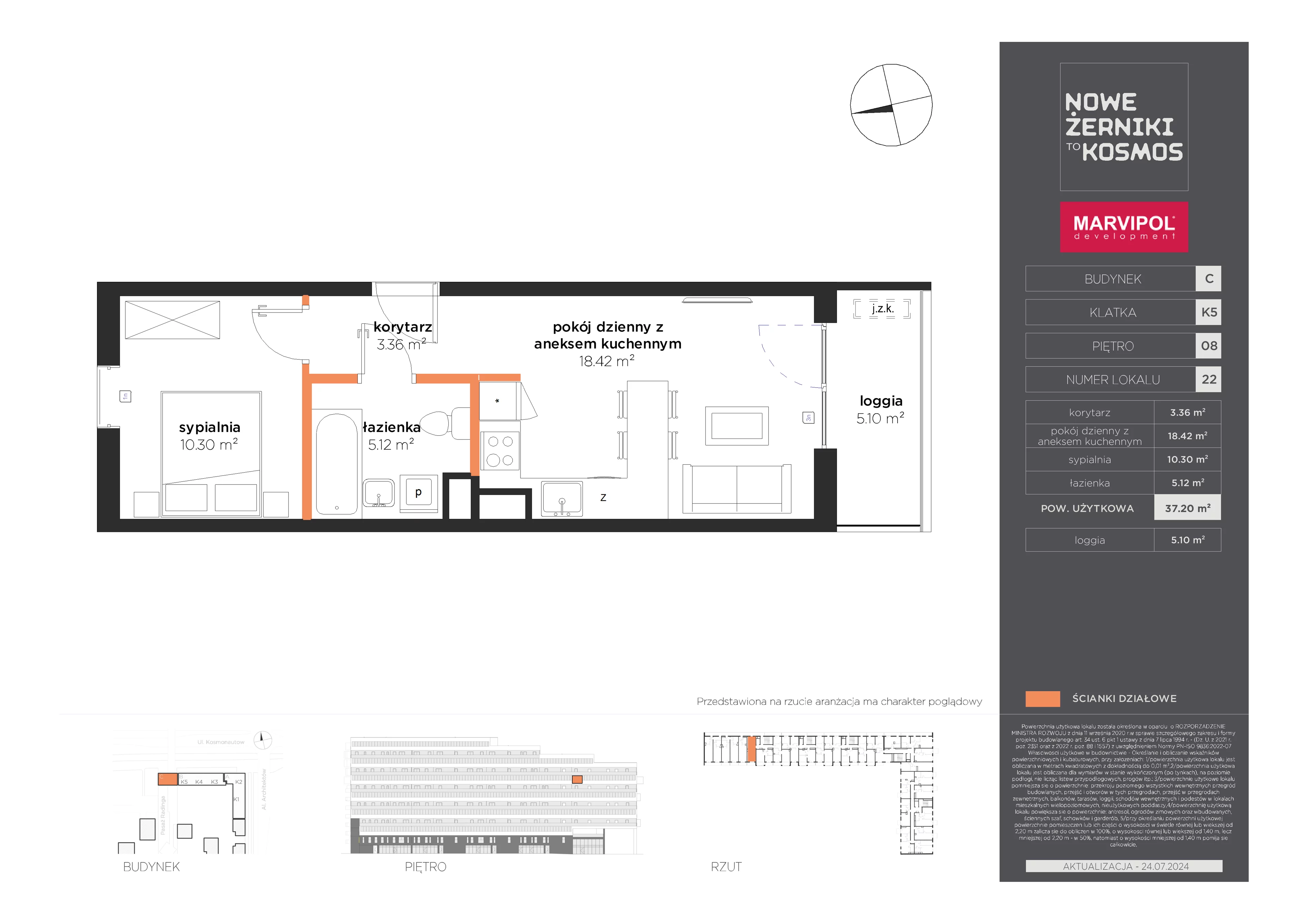 2 pokoje, mieszkanie 37,20 m², piętro 8, oferta nr C/C-08-22-K5, Nowe Żerniki to KOSMOS, Wrocław, Żerniki, ul. Kosmonautów / al. Architektów