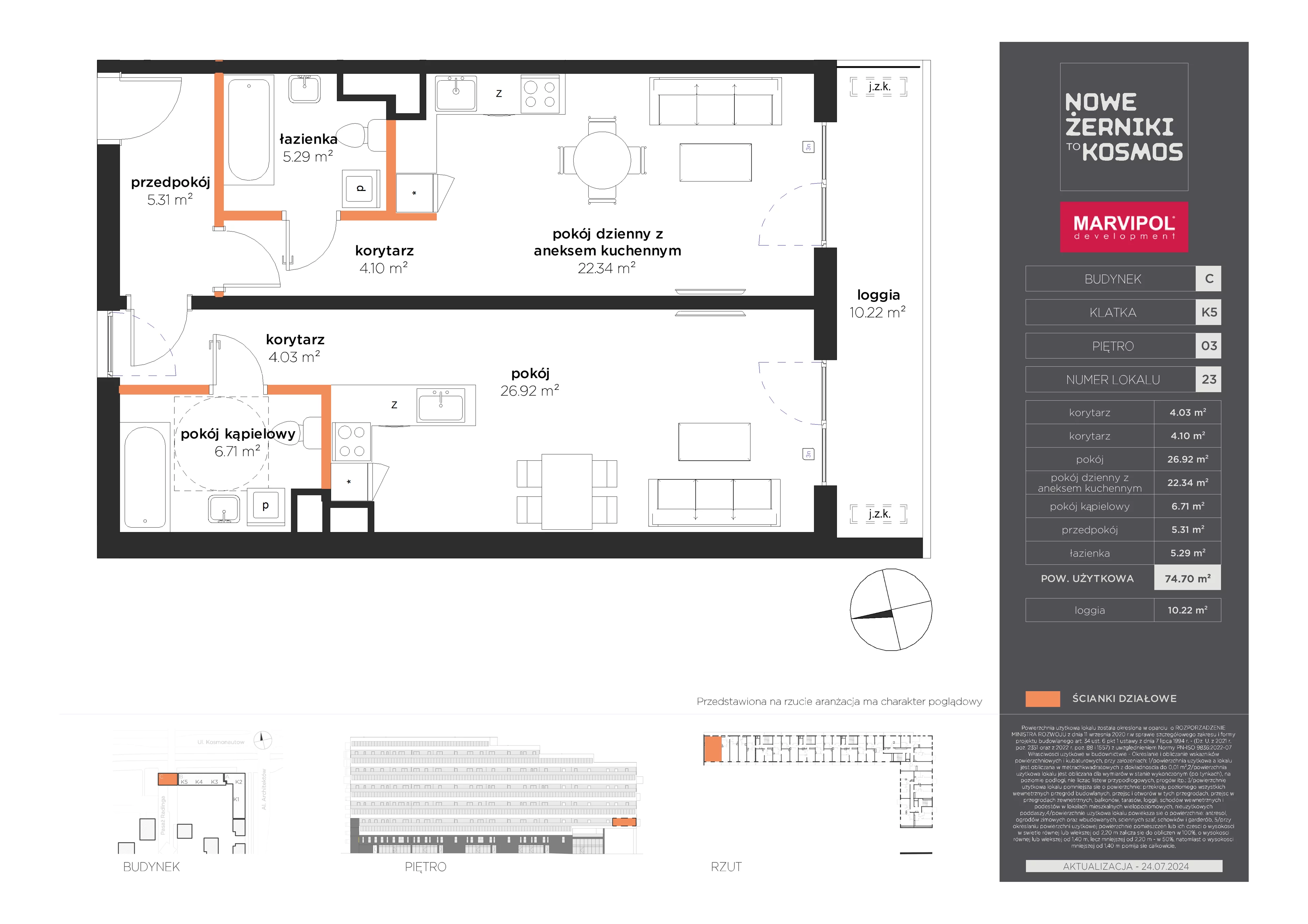 2 pokoje, mieszkanie 74,70 m², piętro 3, oferta nr C/C-03-23-K5, Nowe Żerniki, Wrocław, Żerniki, ul. Kosmonautów / al. Architektów