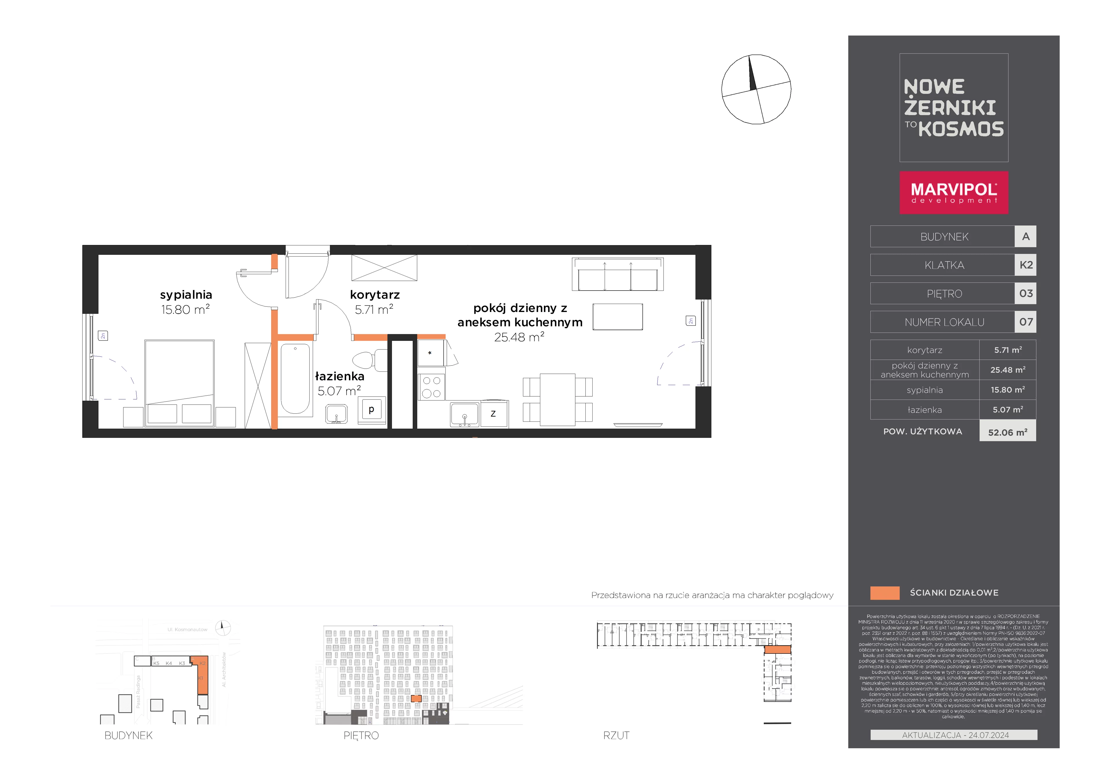 2 pokoje, mieszkanie 52,06 m², piętro 3, oferta nr A/A-03-07-K2, Nowe Żerniki, Wrocław, Żerniki, ul. Kosmonautów / al. Architektów