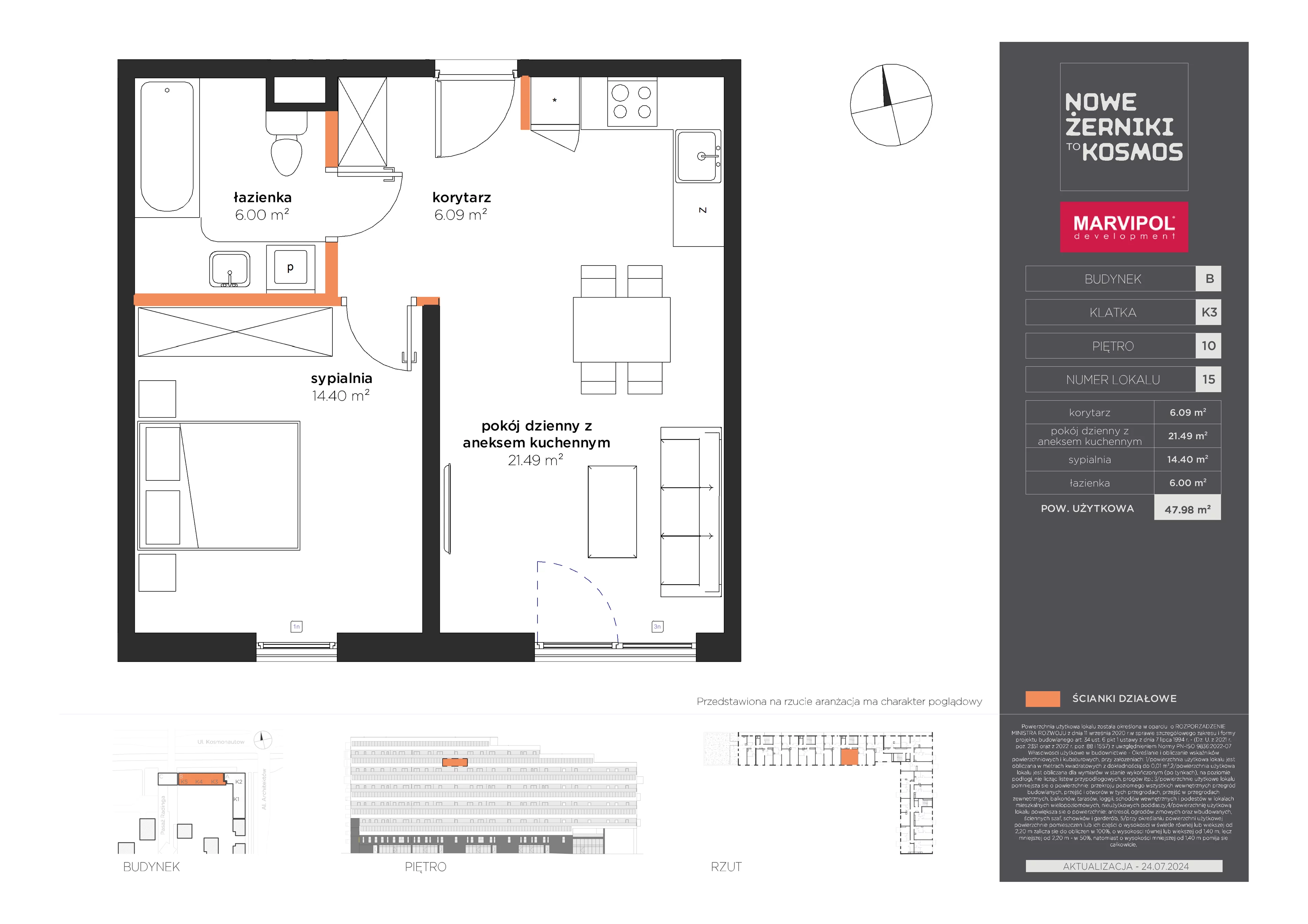 2 pokoje, mieszkanie 47,98 m², piętro 10, oferta nr B/B-10-15-K3, Nowe Żerniki, Wrocław, Żerniki, ul. Kosmonautów / al. Architektów
