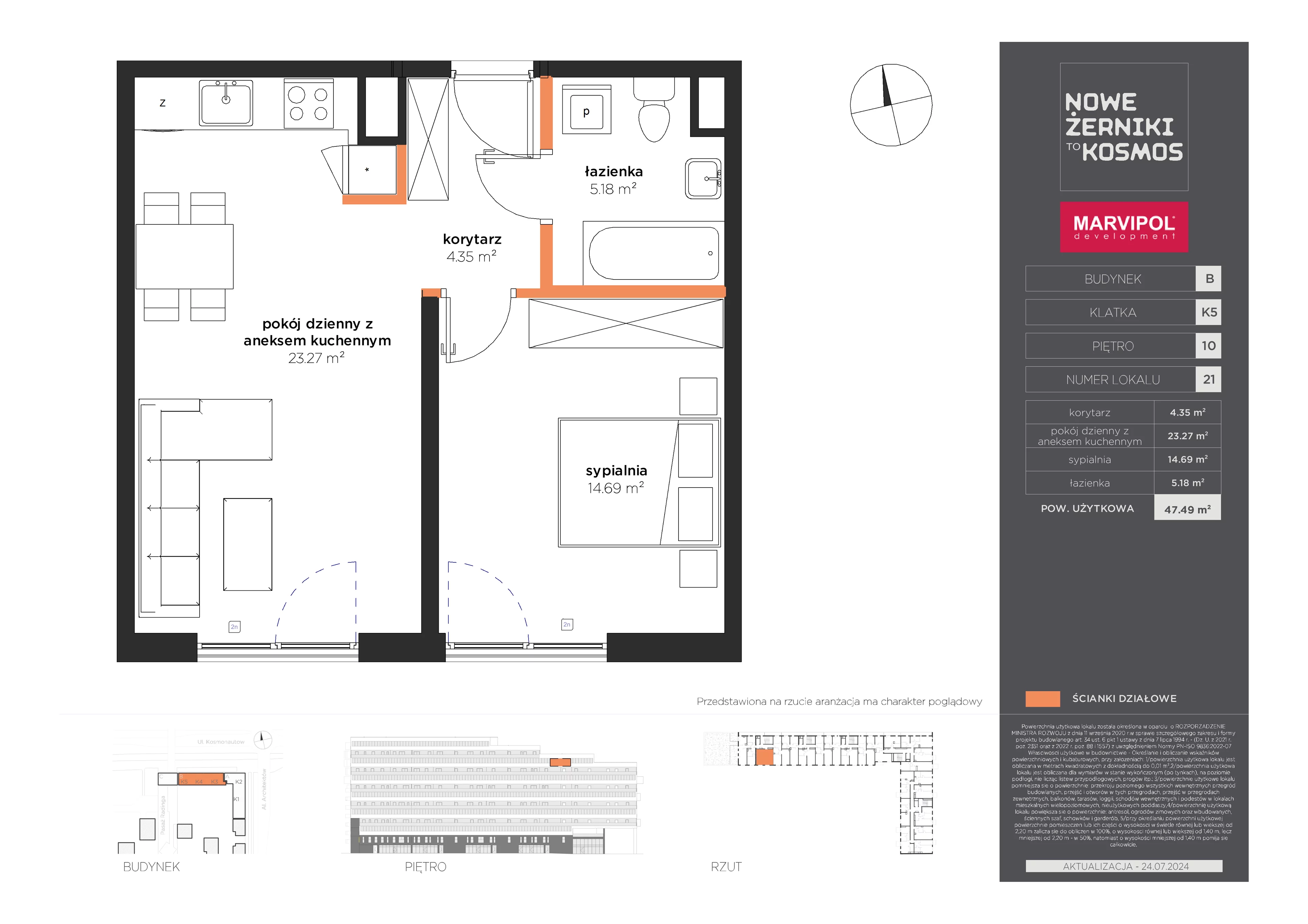 2 pokoje, mieszkanie 47,49 m², piętro 10, oferta nr B/B-10-21-K5, Nowe Żerniki, Wrocław, Żerniki, ul. Kosmonautów / al. Architektów