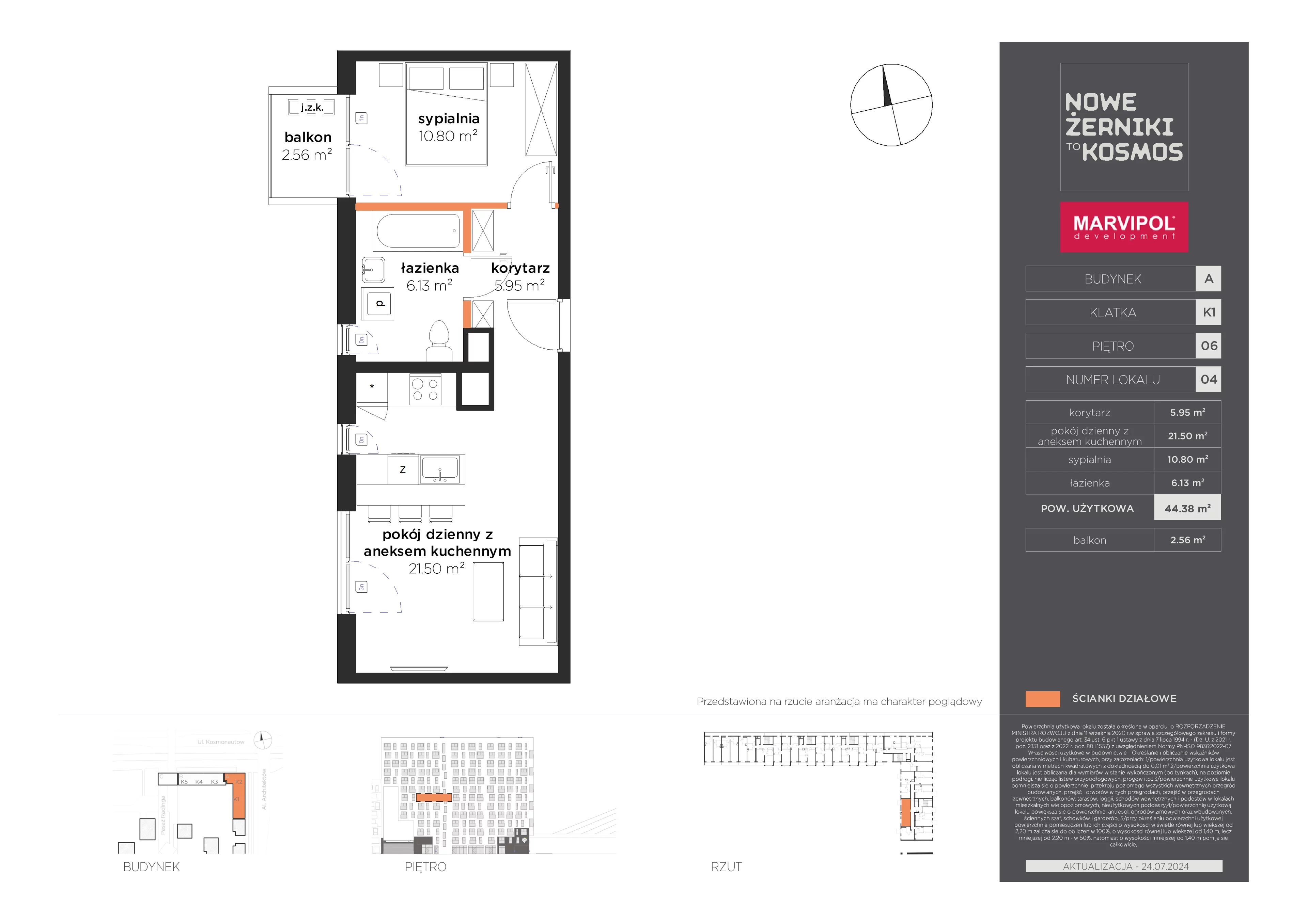 2 pokoje, mieszkanie 44,38 m², piętro 6, oferta nr A/A-06-04-K1, Nowe Żerniki, Wrocław, Żerniki, ul. Kosmonautów / al. Architektów