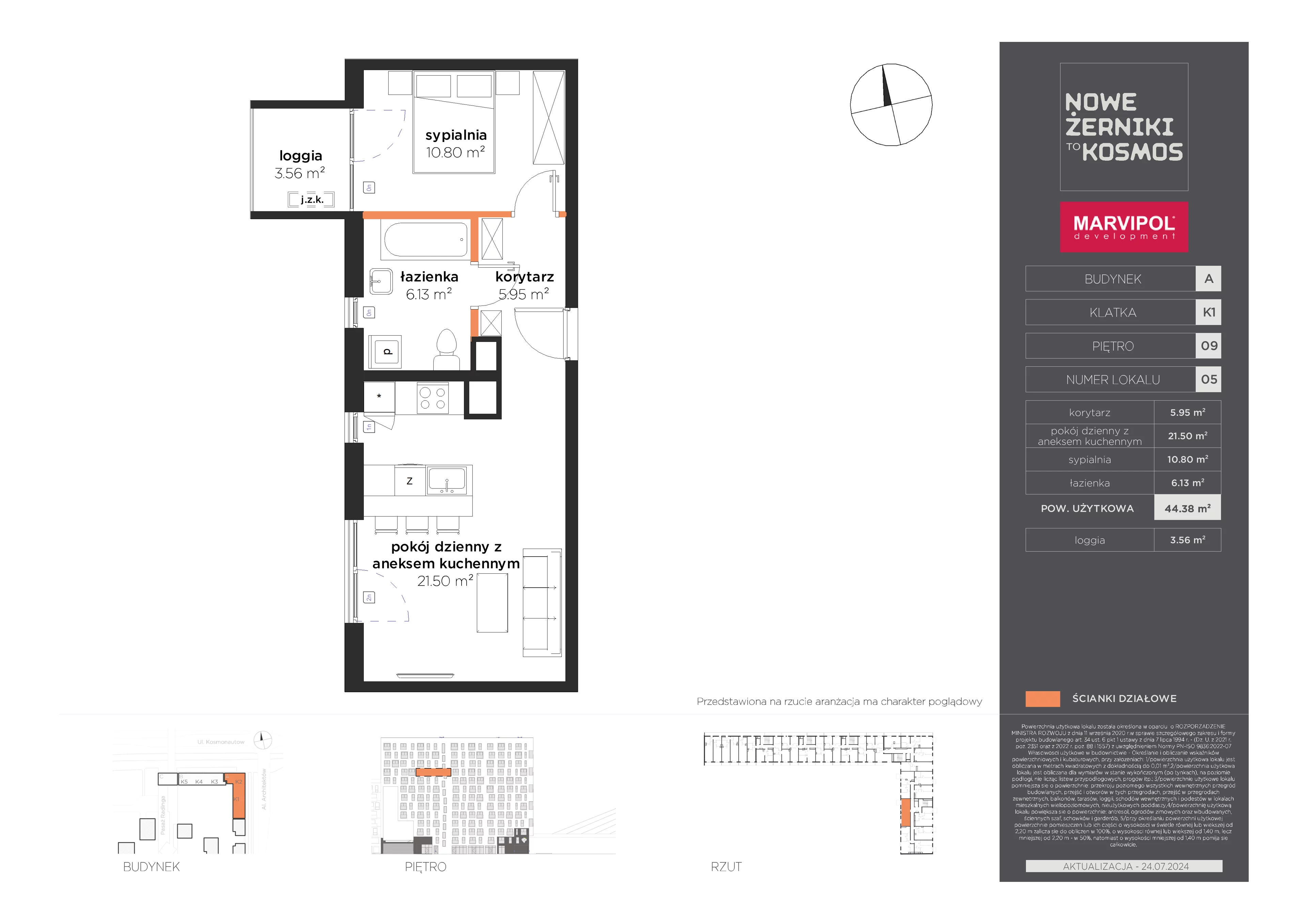 2 pokoje, mieszkanie 44,38 m², piętro 9, oferta nr A/A-09-05-K1, Nowe Żerniki, Wrocław, Żerniki, ul. Kosmonautów / al. Architektów