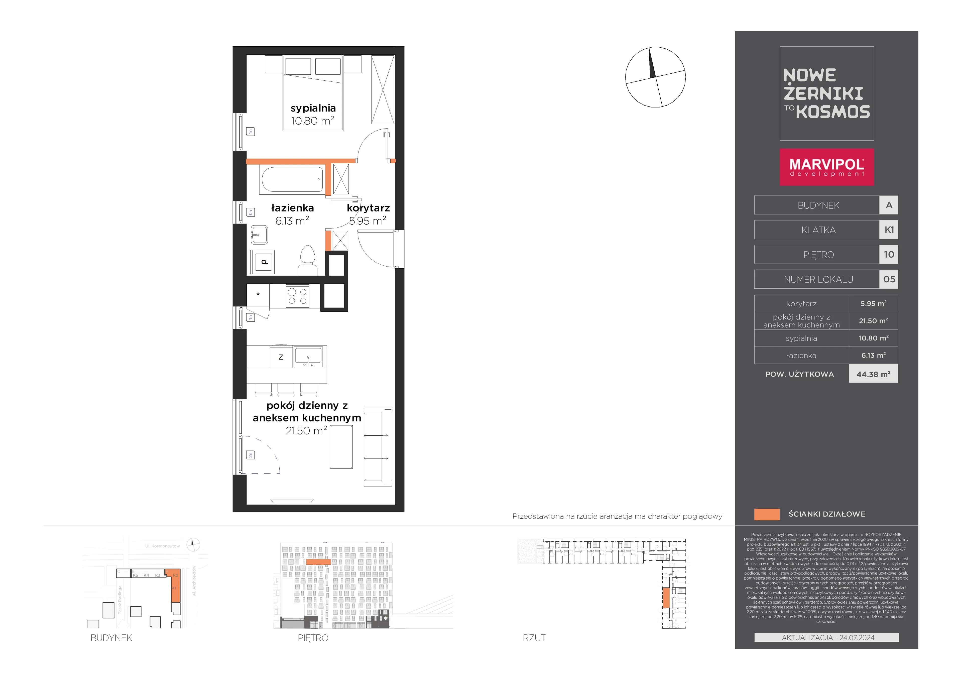 2 pokoje, mieszkanie 44,38 m², piętro 10, oferta nr A/A-10-05-K1, Nowe Żerniki, Wrocław, Żerniki, ul. Kosmonautów / al. Architektów