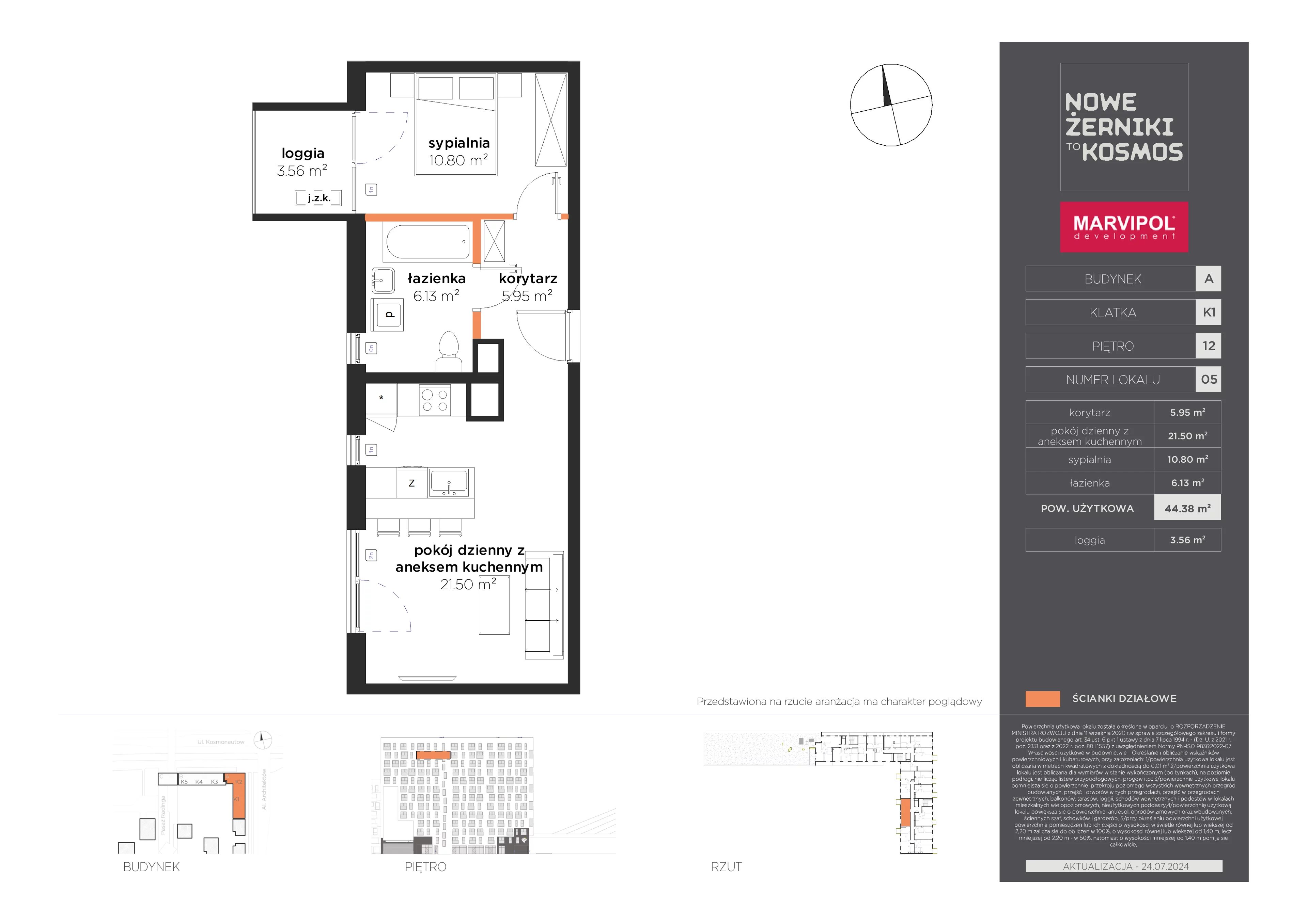 2 pokoje, mieszkanie 44,38 m², piętro 12, oferta nr A/A-12-05-K1, Nowe Żerniki, Wrocław, Żerniki, ul. Kosmonautów / al. Architektów