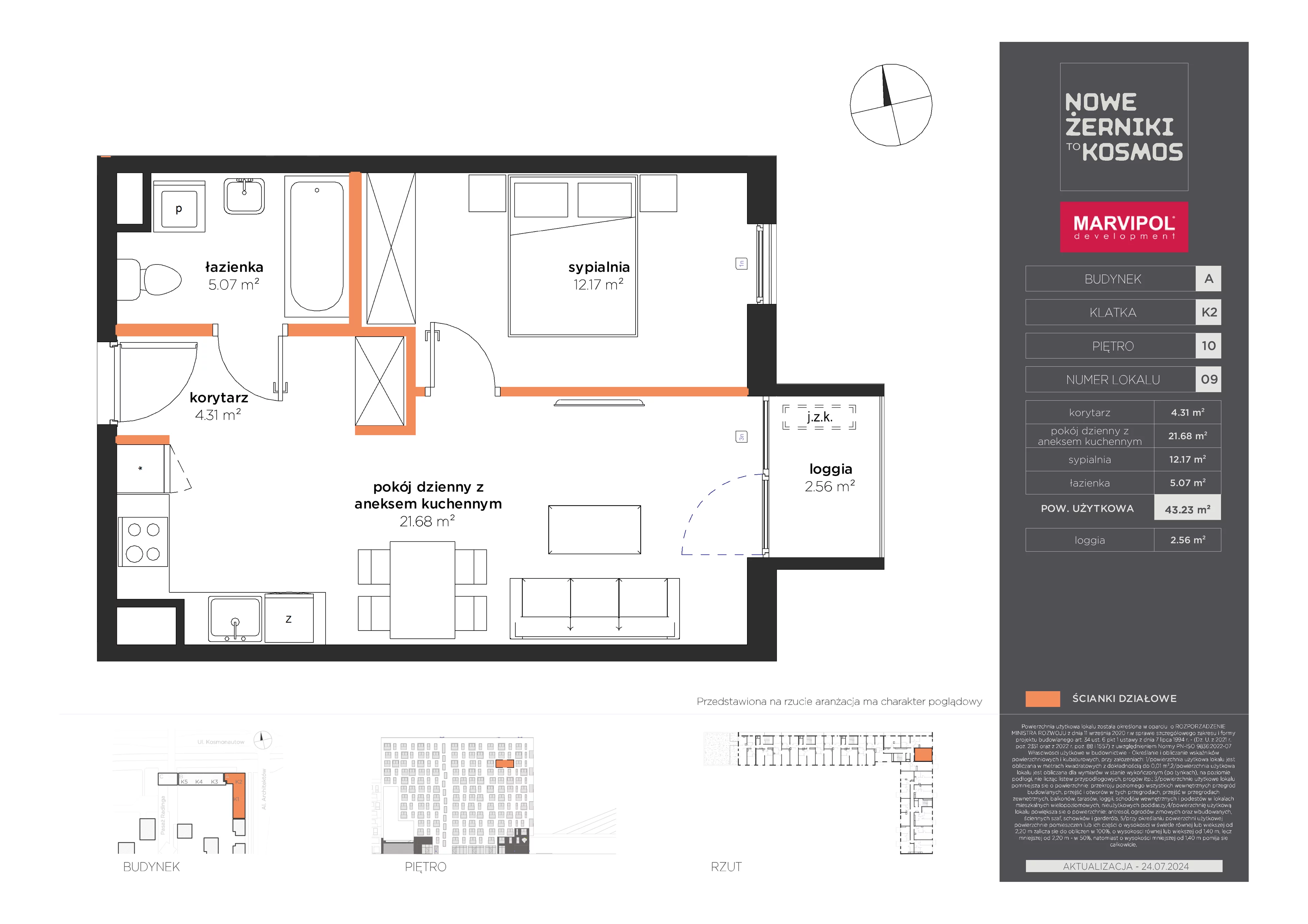 2 pokoje, mieszkanie 43,23 m², piętro 10, oferta nr A/A-10-09-K2, Nowe Żerniki, Wrocław, Żerniki, ul. Kosmonautów / al. Architektów
