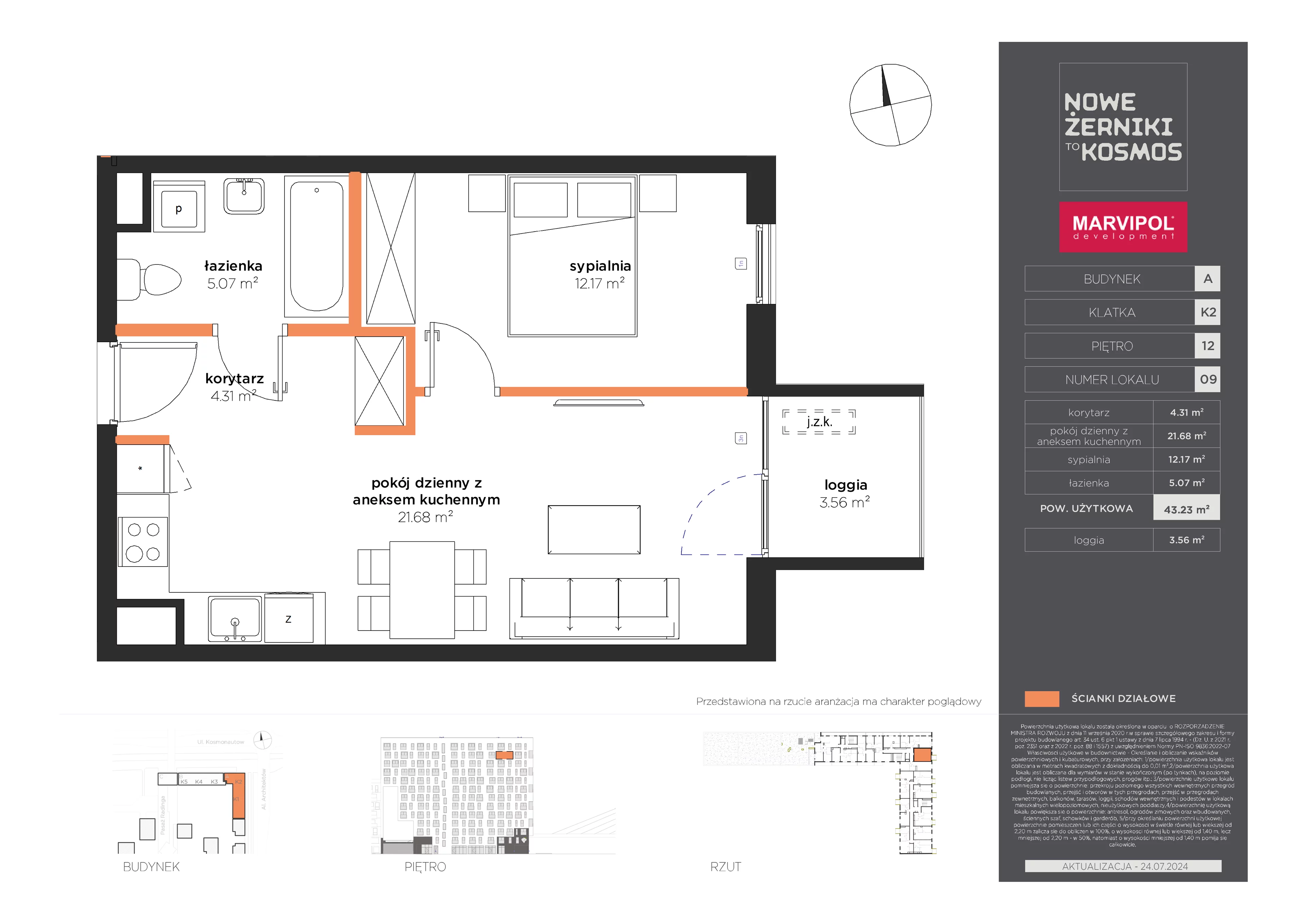 2 pokoje, mieszkanie 43,23 m², piętro 12, oferta nr A/A-12-09-K2, Nowe Żerniki, Wrocław, Żerniki, ul. Kosmonautów / al. Architektów
