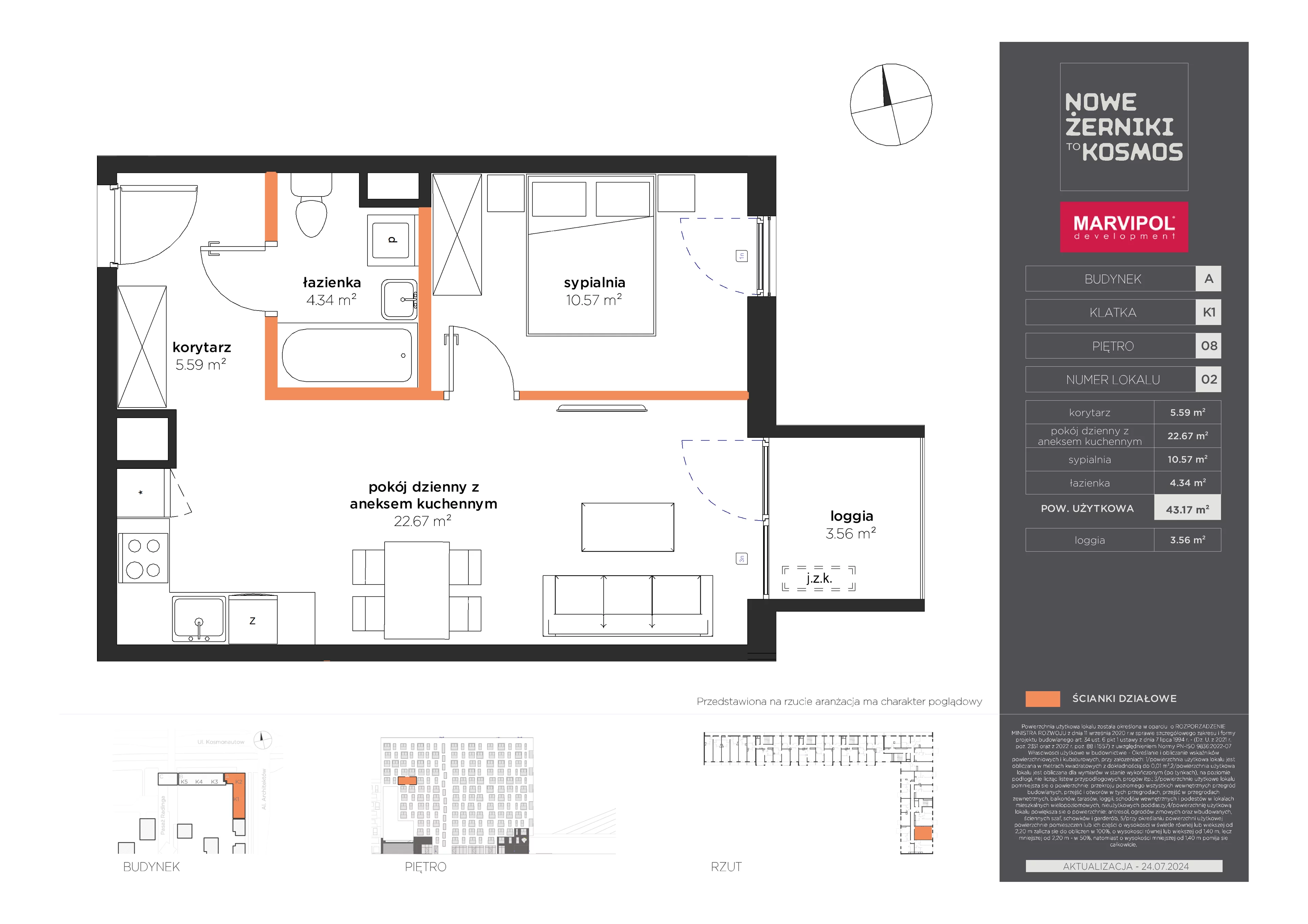 2 pokoje, mieszkanie 43,17 m², piętro 8, oferta nr A/A-08-02-K1, Nowe Żerniki, Wrocław, Żerniki, ul. Kosmonautów / al. Architektów