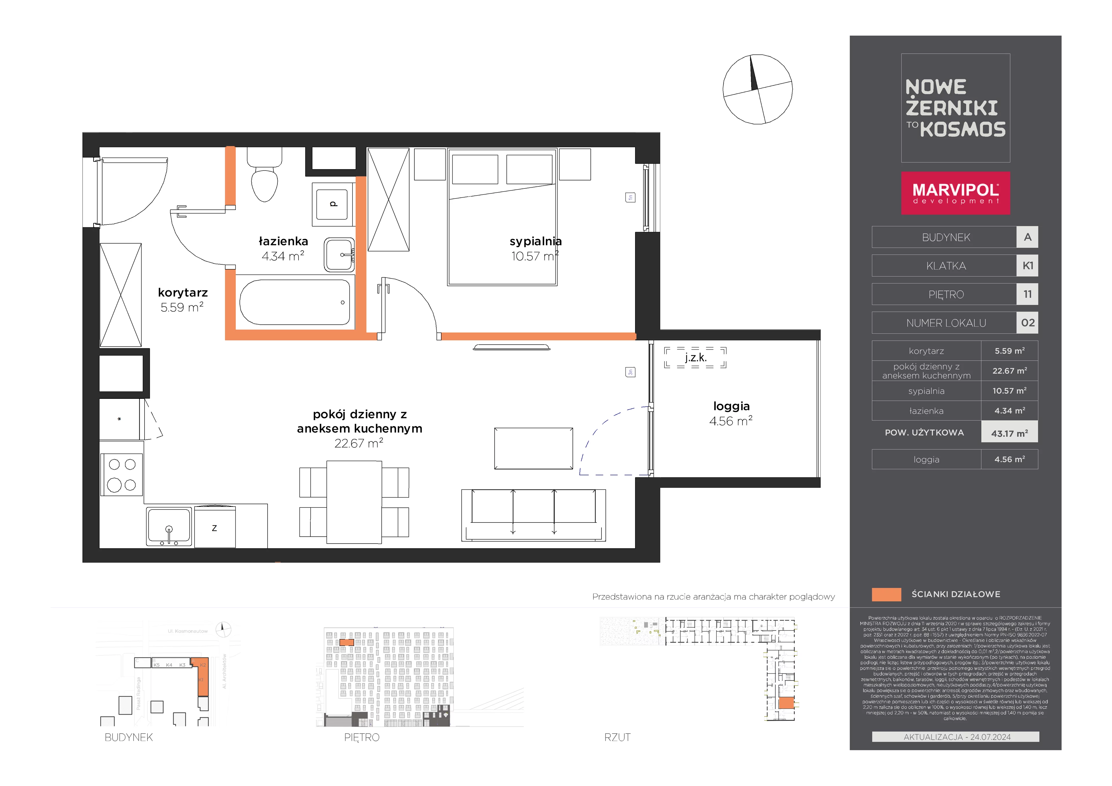 2 pokoje, mieszkanie 43,17 m², piętro 11, oferta nr A/A-11-02-K1, Nowe Żerniki, Wrocław, Żerniki, ul. Kosmonautów / al. Architektów