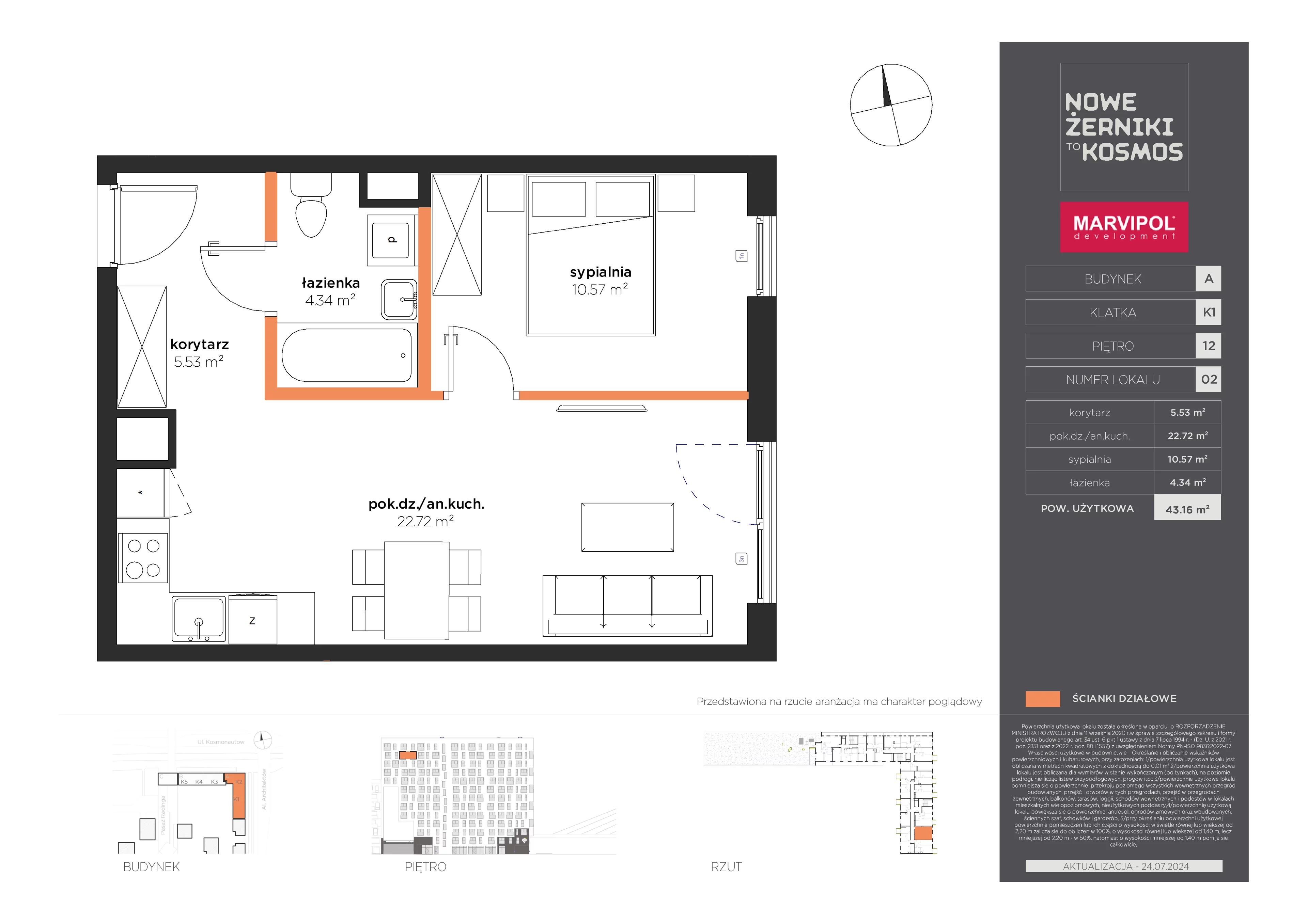 2 pokoje, mieszkanie 43,16 m², piętro 12, oferta nr A/A-12-02-K1, Nowe Żerniki, Wrocław, Żerniki, ul. Kosmonautów / al. Architektów