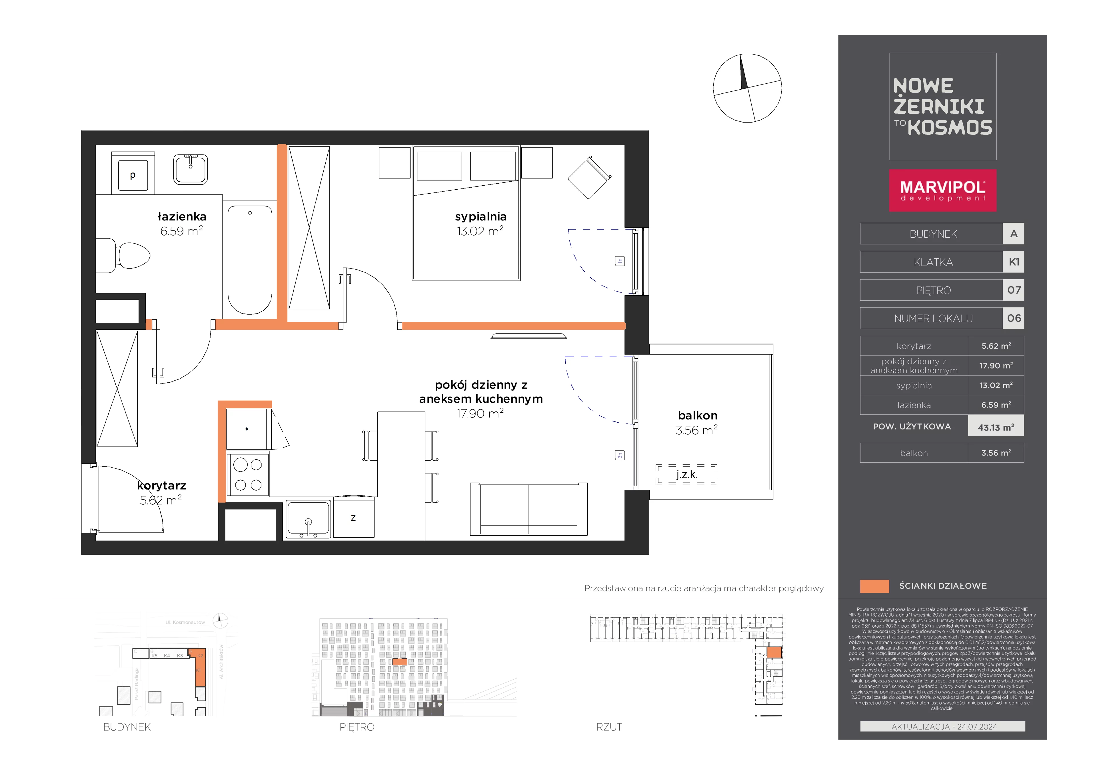 2 pokoje, mieszkanie 43,13 m², piętro 7, oferta nr A/A-07-06-K1, Nowe Żerniki, Wrocław, Żerniki, ul. Kosmonautów / al. Architektów