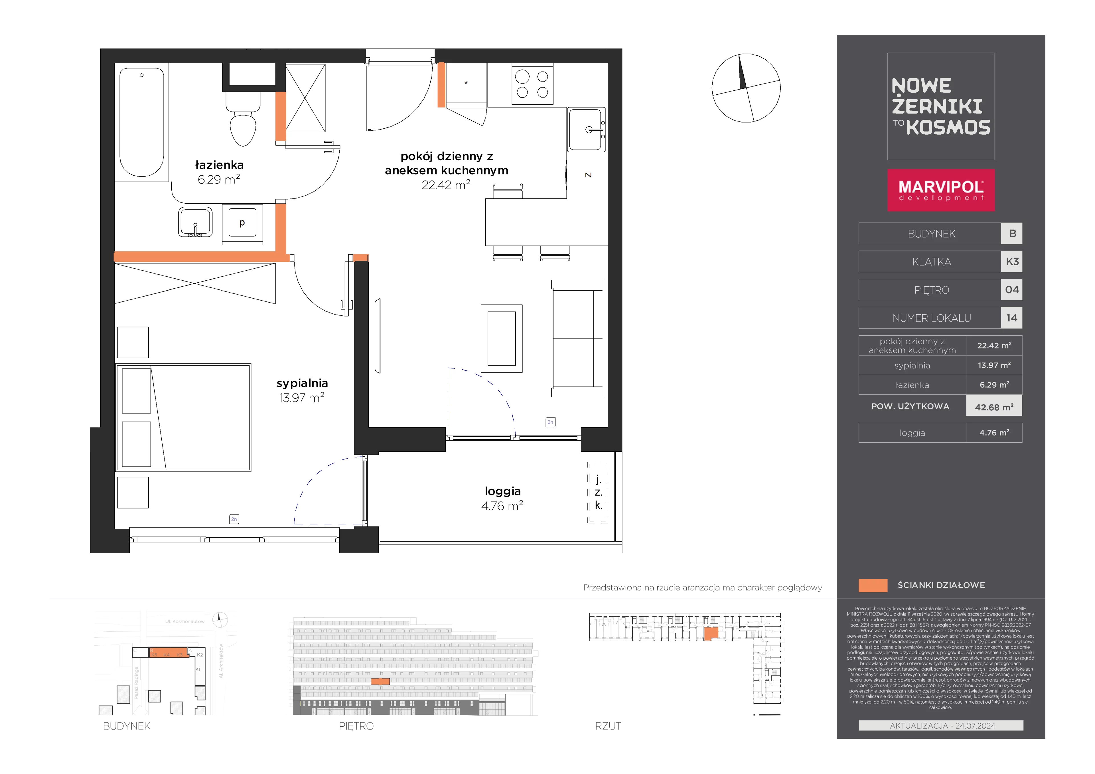 2 pokoje, mieszkanie 42,68 m², piętro 4, oferta nr B/B-04-14-K3, Nowe Żerniki, Wrocław, Żerniki, ul. Kosmonautów / al. Architektów