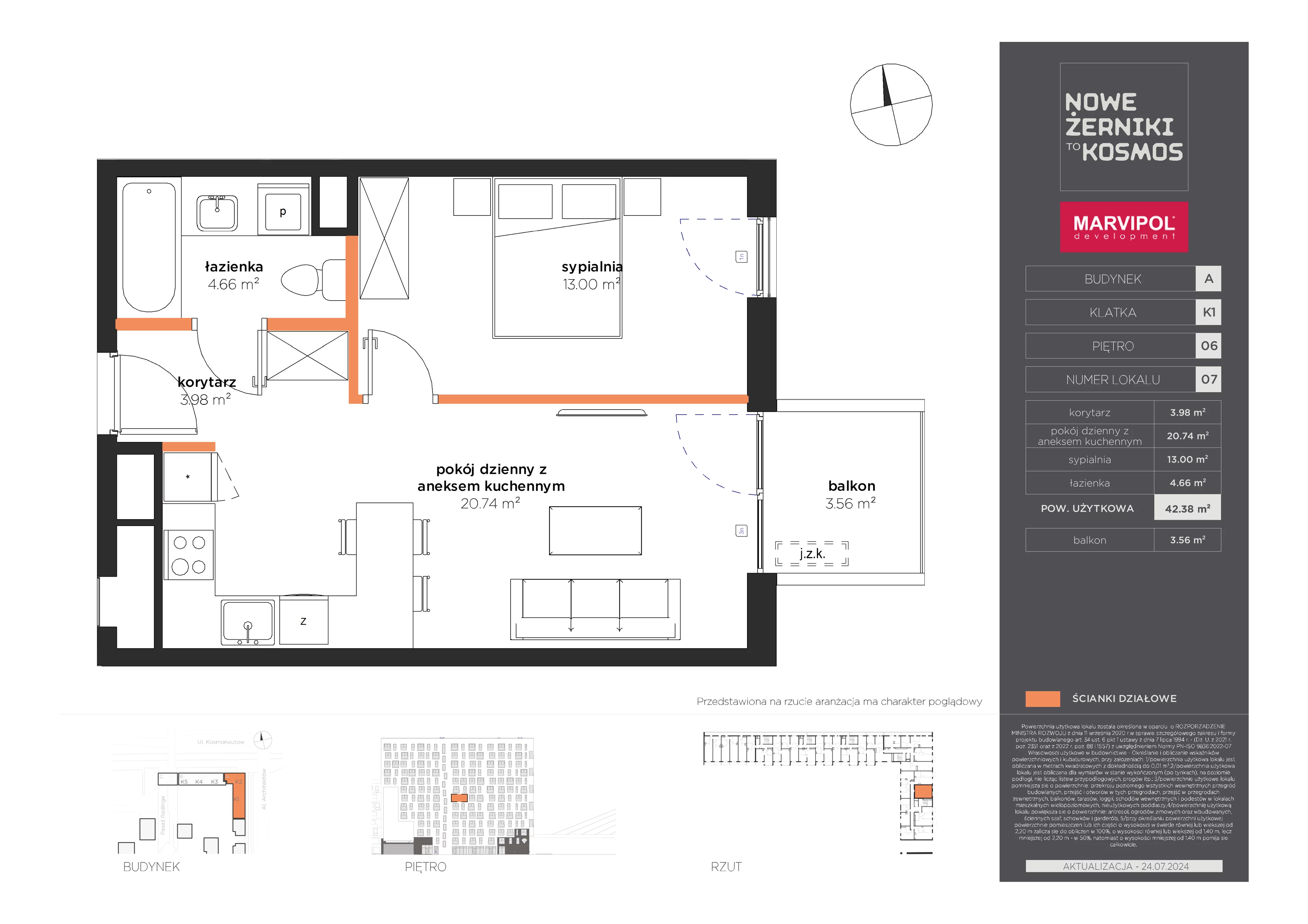 2 pokoje, mieszkanie 42,38 m², piętro 6, oferta nr A/A-06-07-K1, Nowe Żerniki, Wrocław, Żerniki, ul. Kosmonautów / al. Architektów