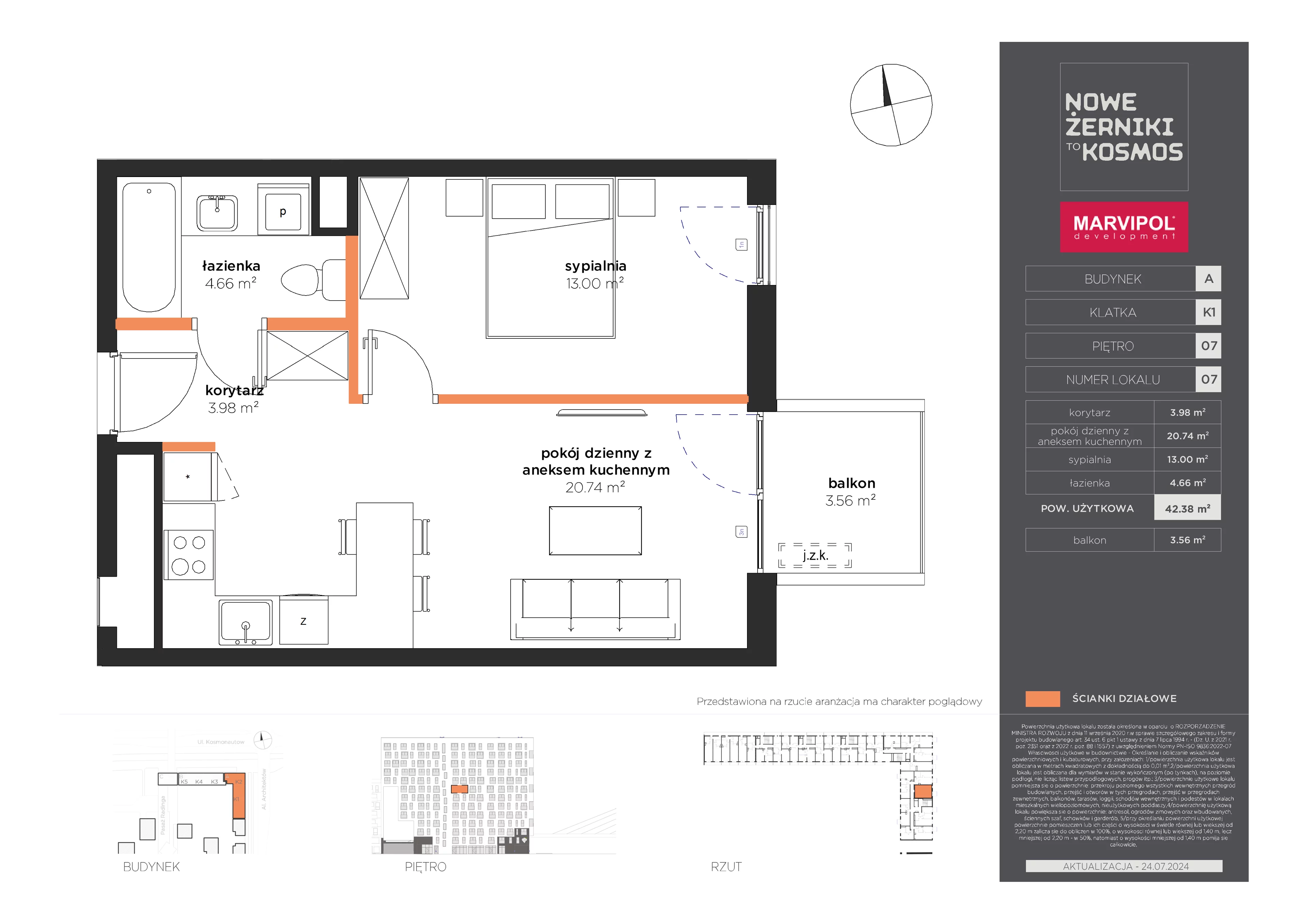 2 pokoje, mieszkanie 42,38 m², piętro 7, oferta nr A/A-07-07-K1, Nowe Żerniki, Wrocław, Żerniki, ul. Kosmonautów / al. Architektów
