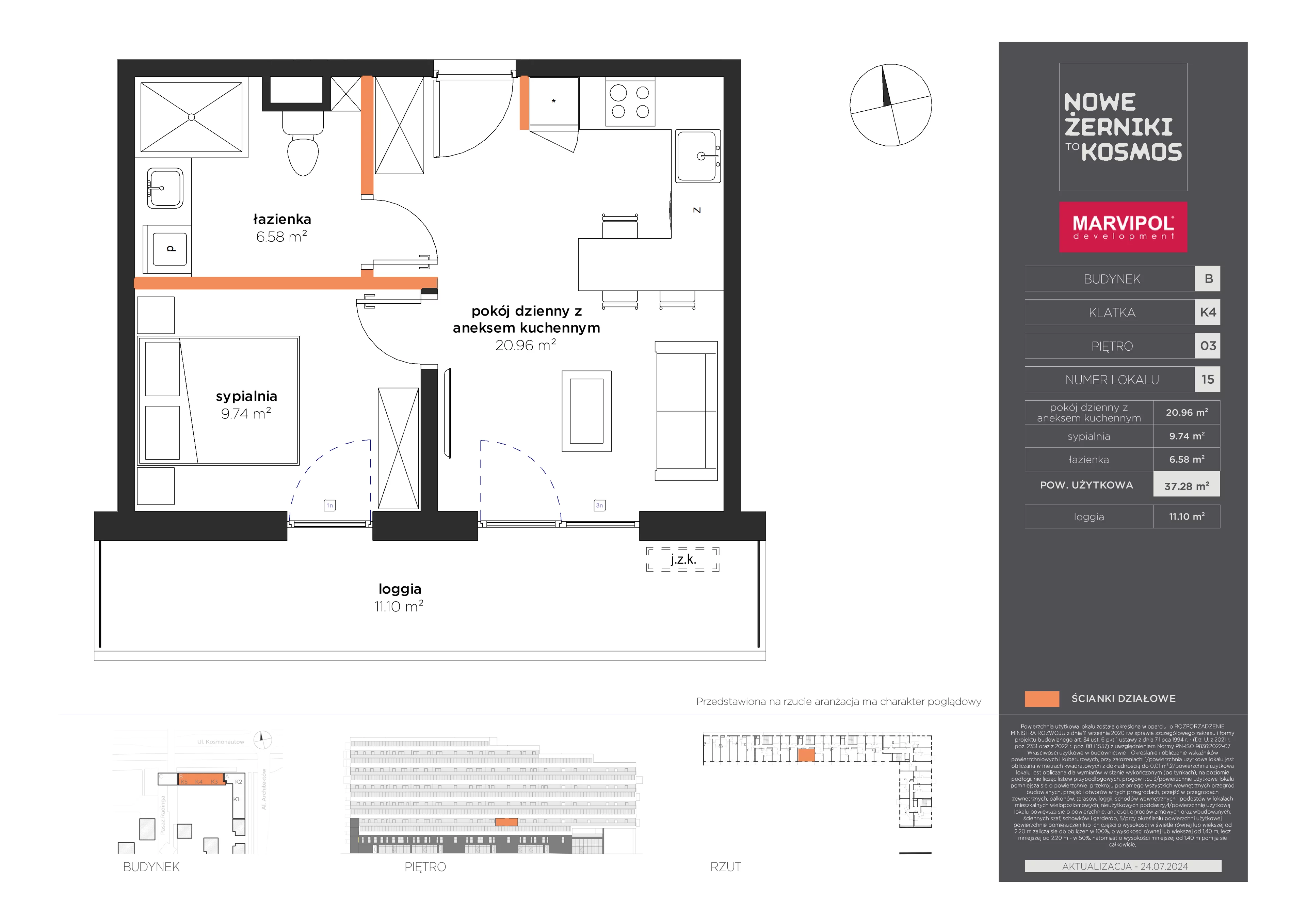 2 pokoje, mieszkanie 37,28 m², piętro 3, oferta nr B/B-03-15-K4, Nowe Żerniki, Wrocław, Żerniki, ul. Kosmonautów / al. Architektów