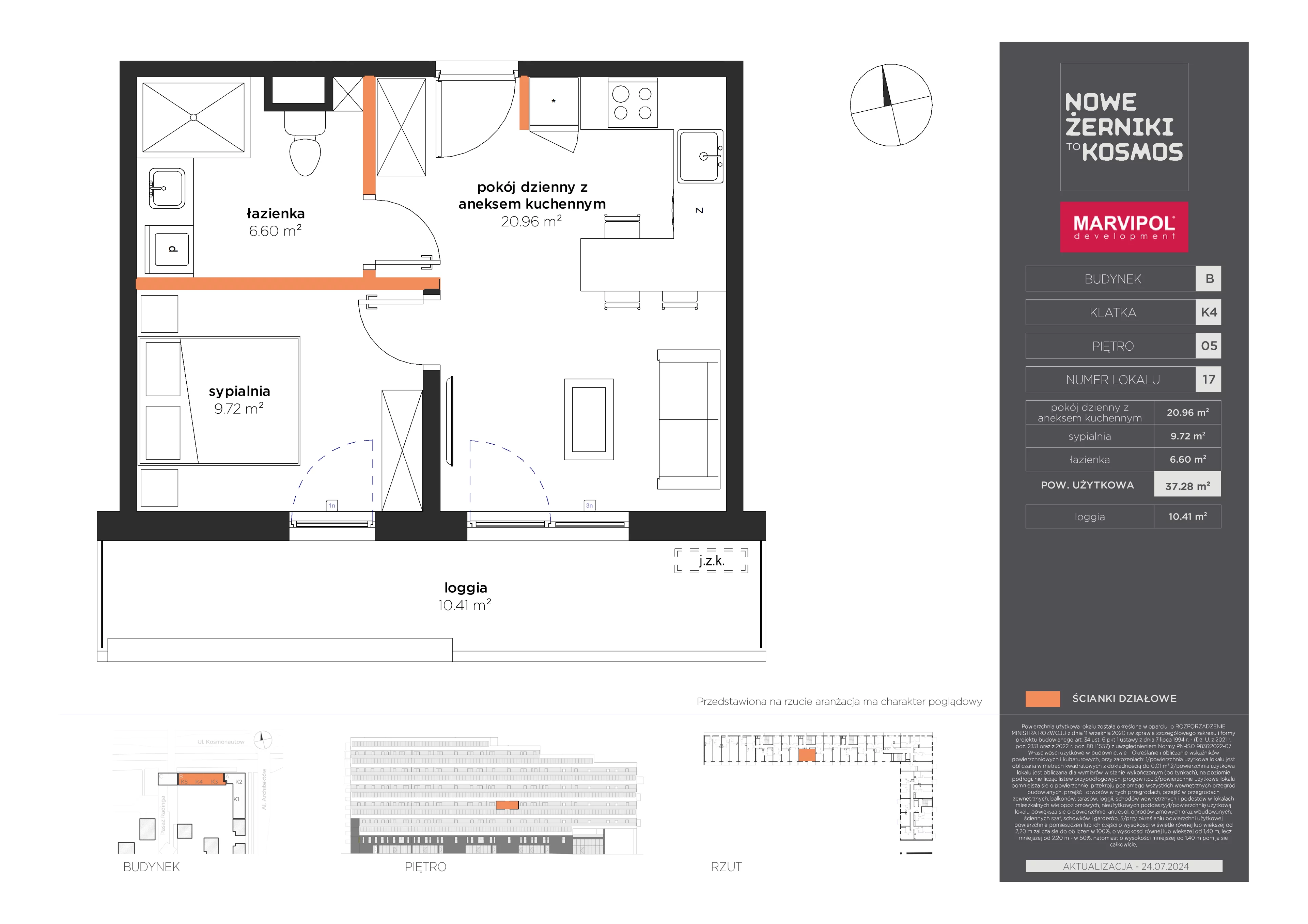 2 pokoje, mieszkanie 37,28 m², piętro 5, oferta nr B/B-05-17-K4, Nowe Żerniki, Wrocław, Żerniki, ul. Kosmonautów / al. Architektów