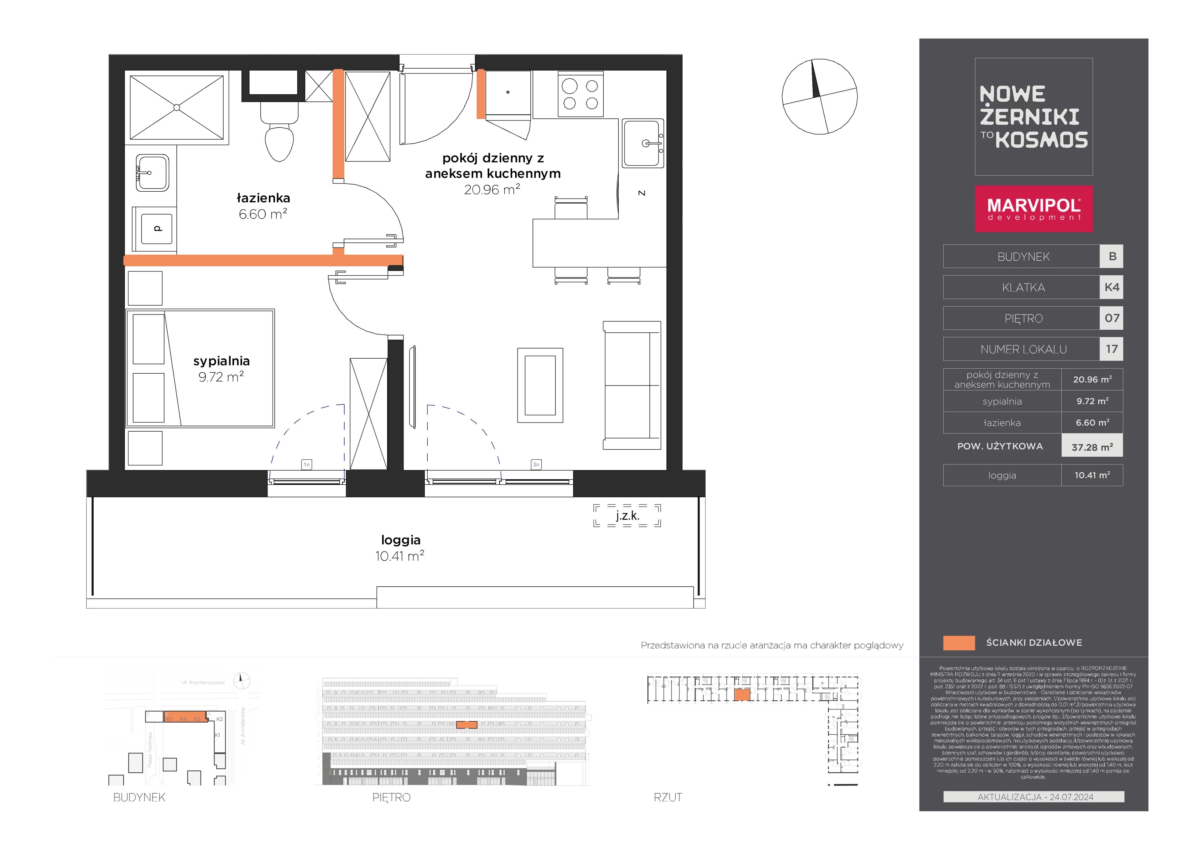 2 pokoje, mieszkanie 37,28 m², piętro 7, oferta nr B/B-07-17-K4, Nowe Żerniki, Wrocław, Żerniki, ul. Kosmonautów / al. Architektów