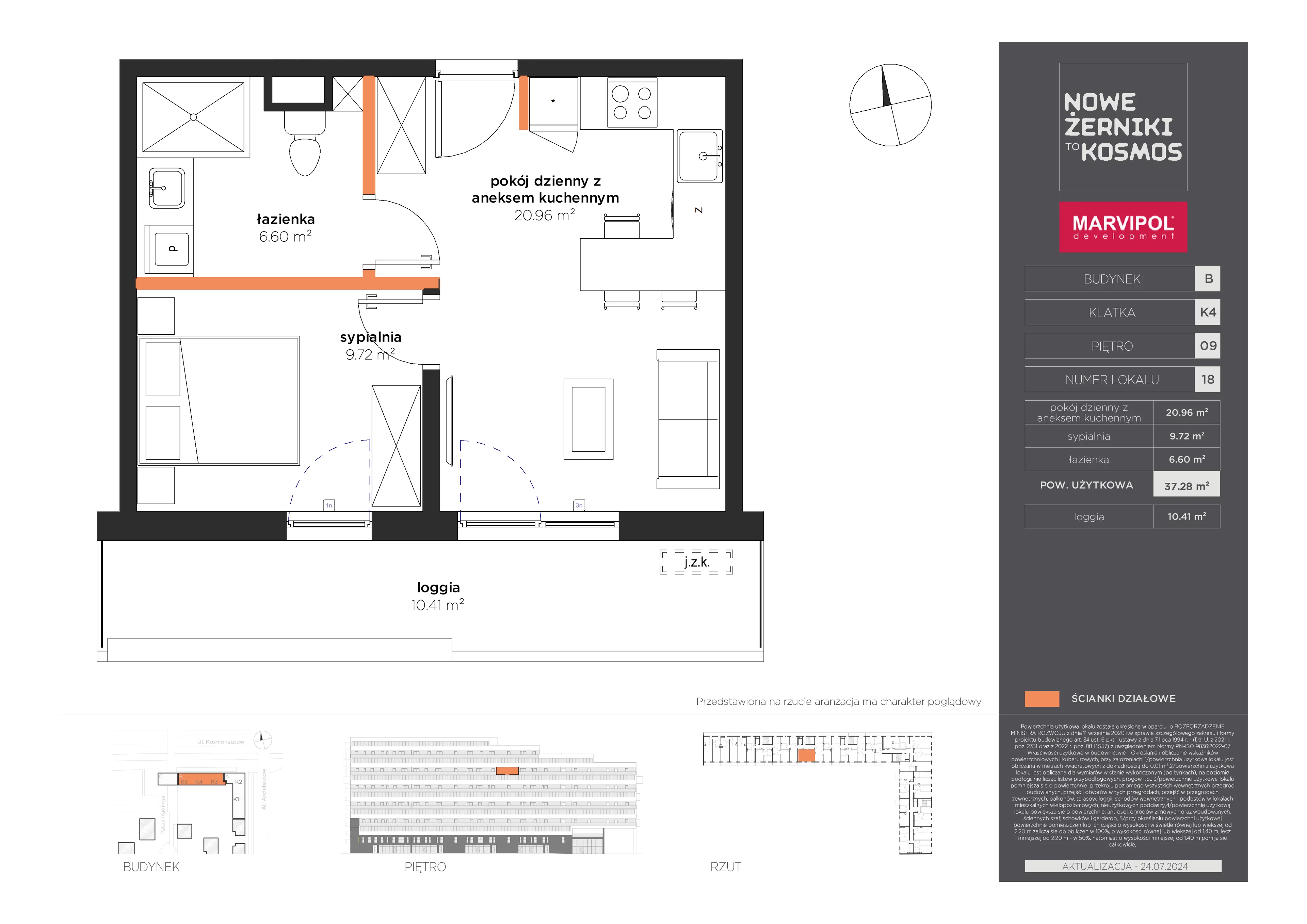 2 pokoje, mieszkanie 37,28 m², piętro 9, oferta nr B/B-09-18-K4, Nowe Żerniki, Wrocław, Żerniki, ul. Kosmonautów / al. Architektów