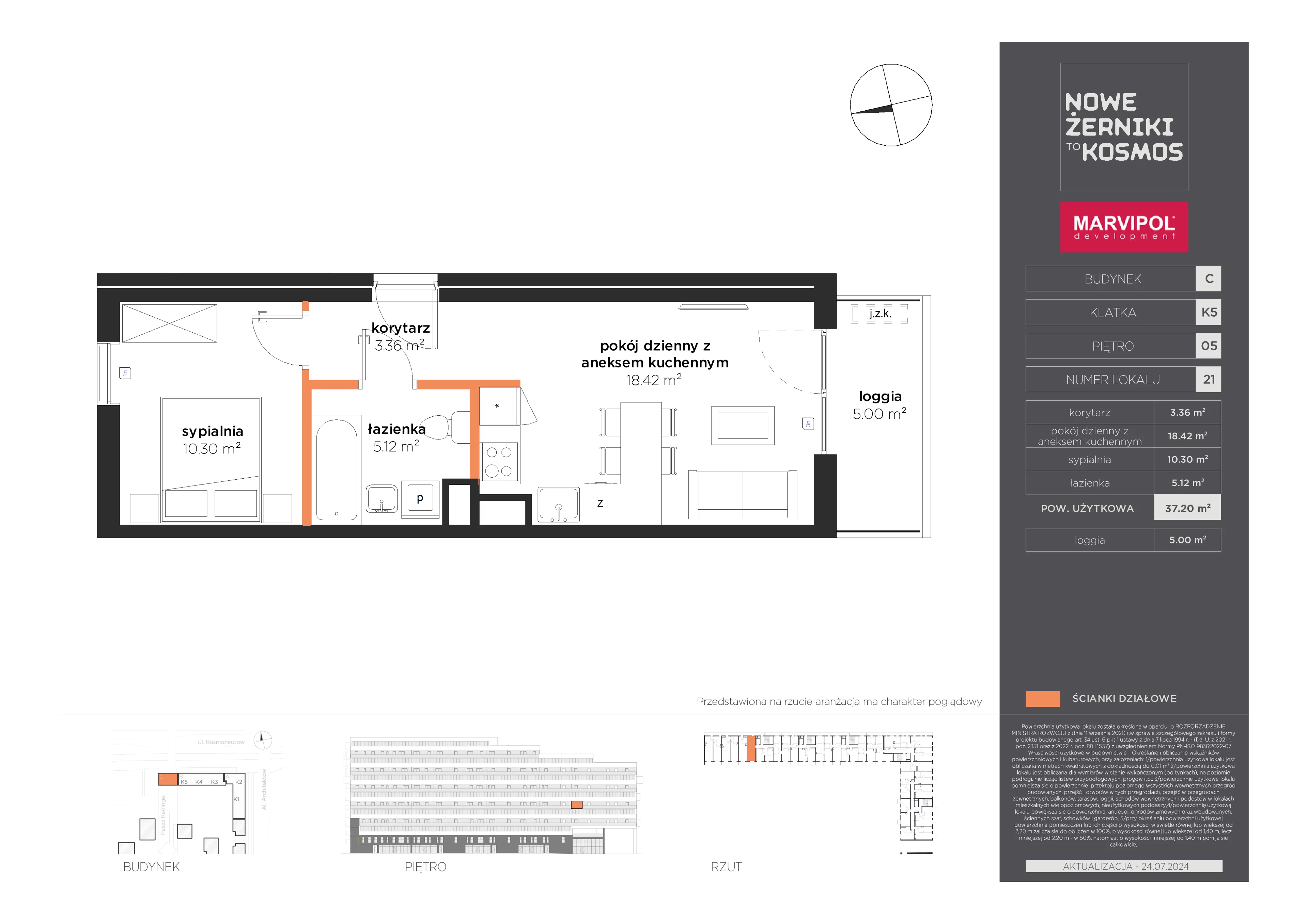 2 pokoje, mieszkanie 37,20 m², piętro 5, oferta nr C/C-05-21-K5, Nowe Żerniki, Wrocław, Żerniki, ul. Kosmonautów / al. Architektów