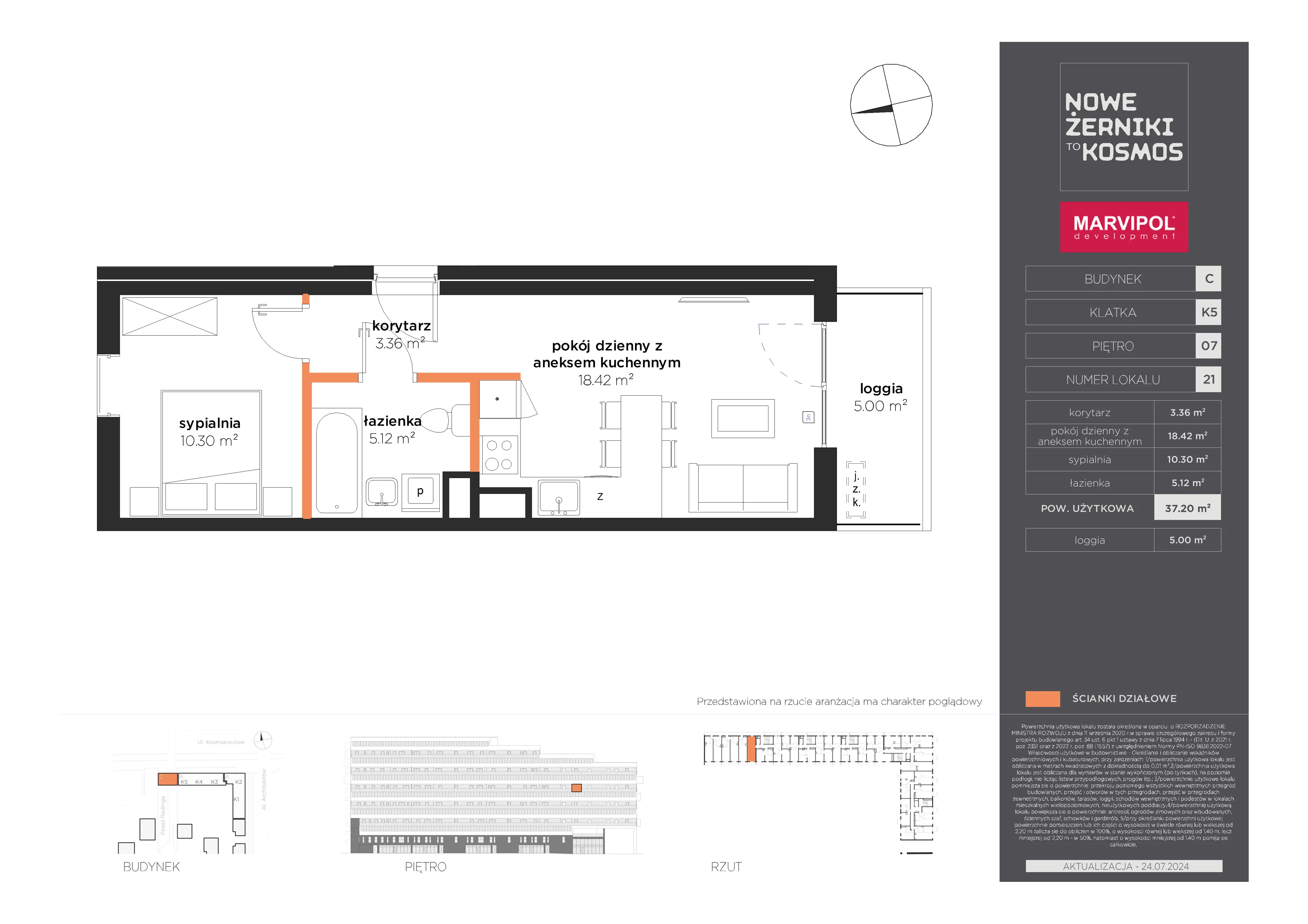 2 pokoje, mieszkanie 37,20 m², piętro 7, oferta nr C/C-07-21-K5, Nowe Żerniki, Wrocław, Żerniki, ul. Kosmonautów / al. Architektów
