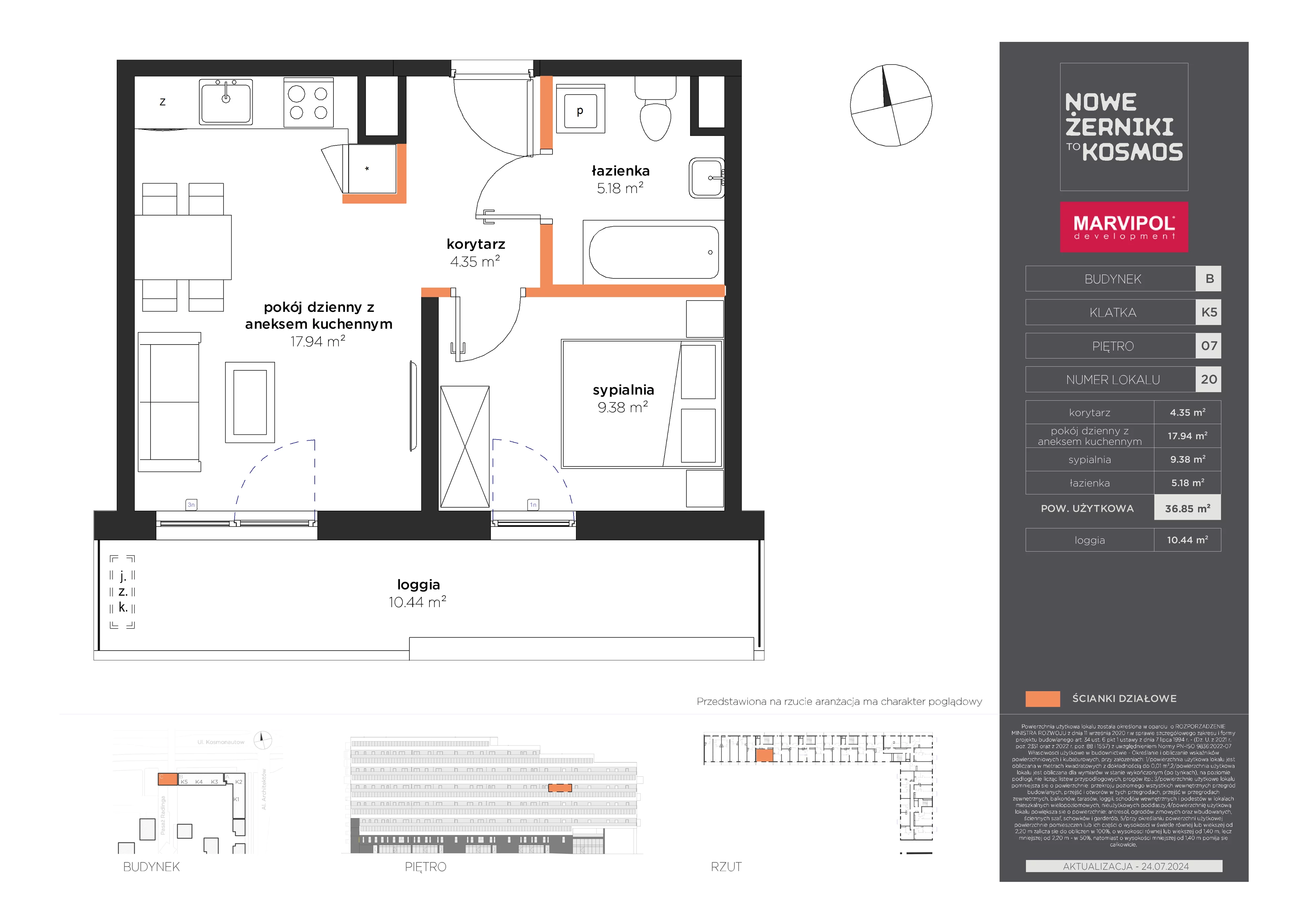 2 pokoje, mieszkanie 36,85 m², piętro 7, oferta nr B/B-07-20-K5, Nowe Żerniki, Wrocław, Żerniki, ul. Kosmonautów / al. Architektów