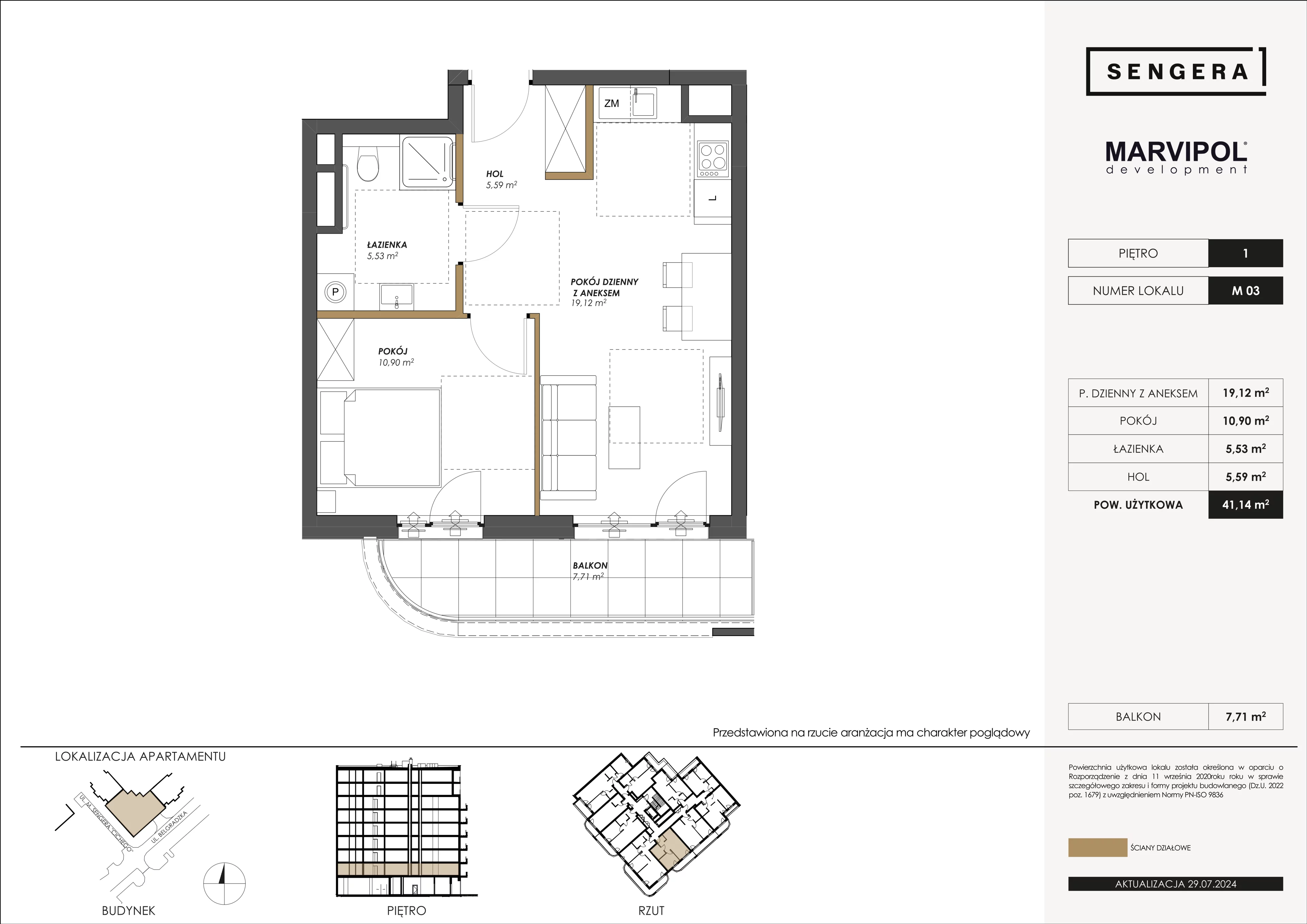 2 pokoje, apartament 41,14 m², piętro 1, oferta nr 1/M03, Sengera 1, Warszawa, Ursynów, Natolin, ul. Mariana Sengera „Cichego” 1