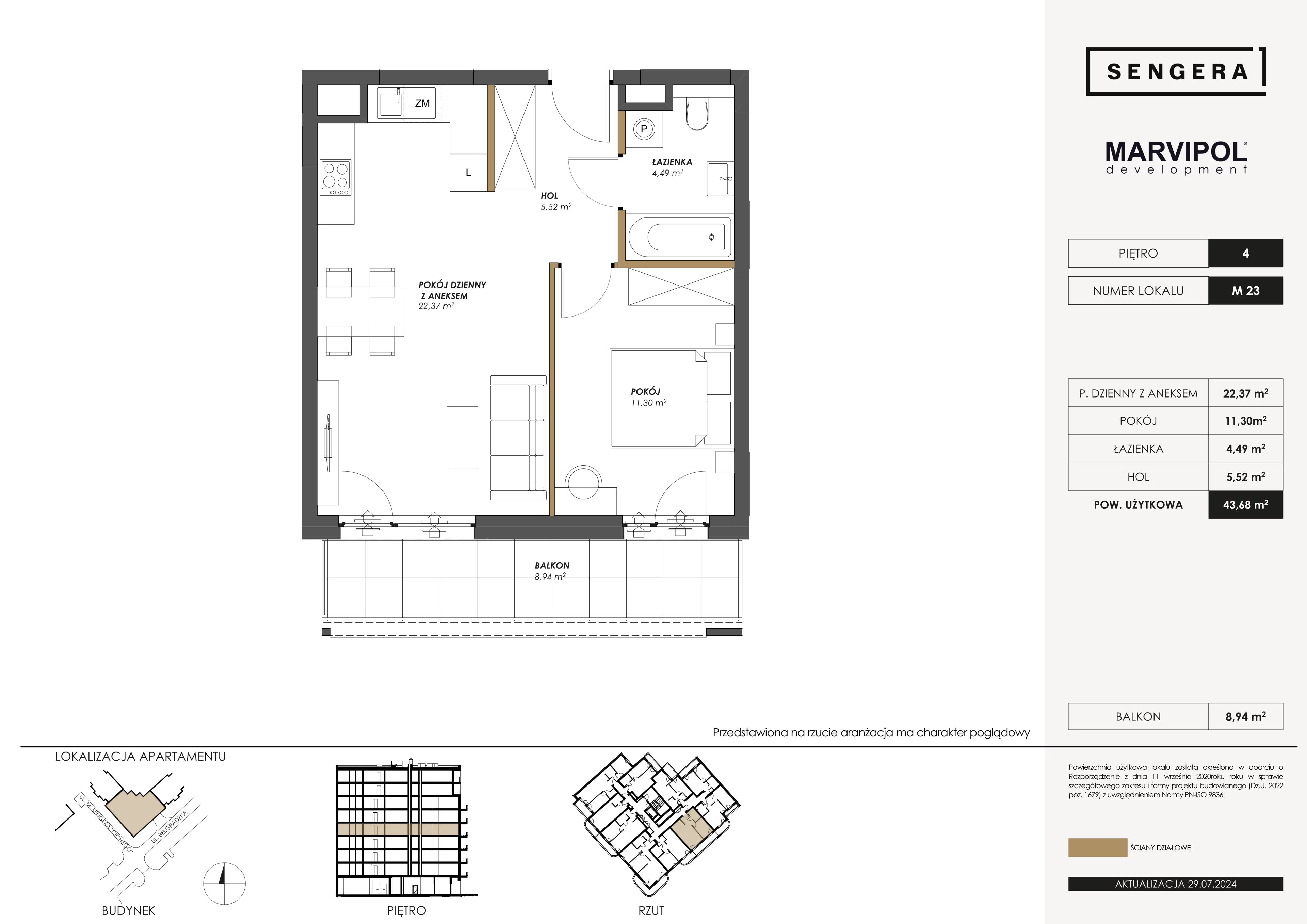 2 pokoje, apartament 43,68 m², piętro 4, oferta nr 1/M23, Sengera 1, Warszawa, Ursynów, Natolin, ul. Mariana Sengera „Cichego” 1