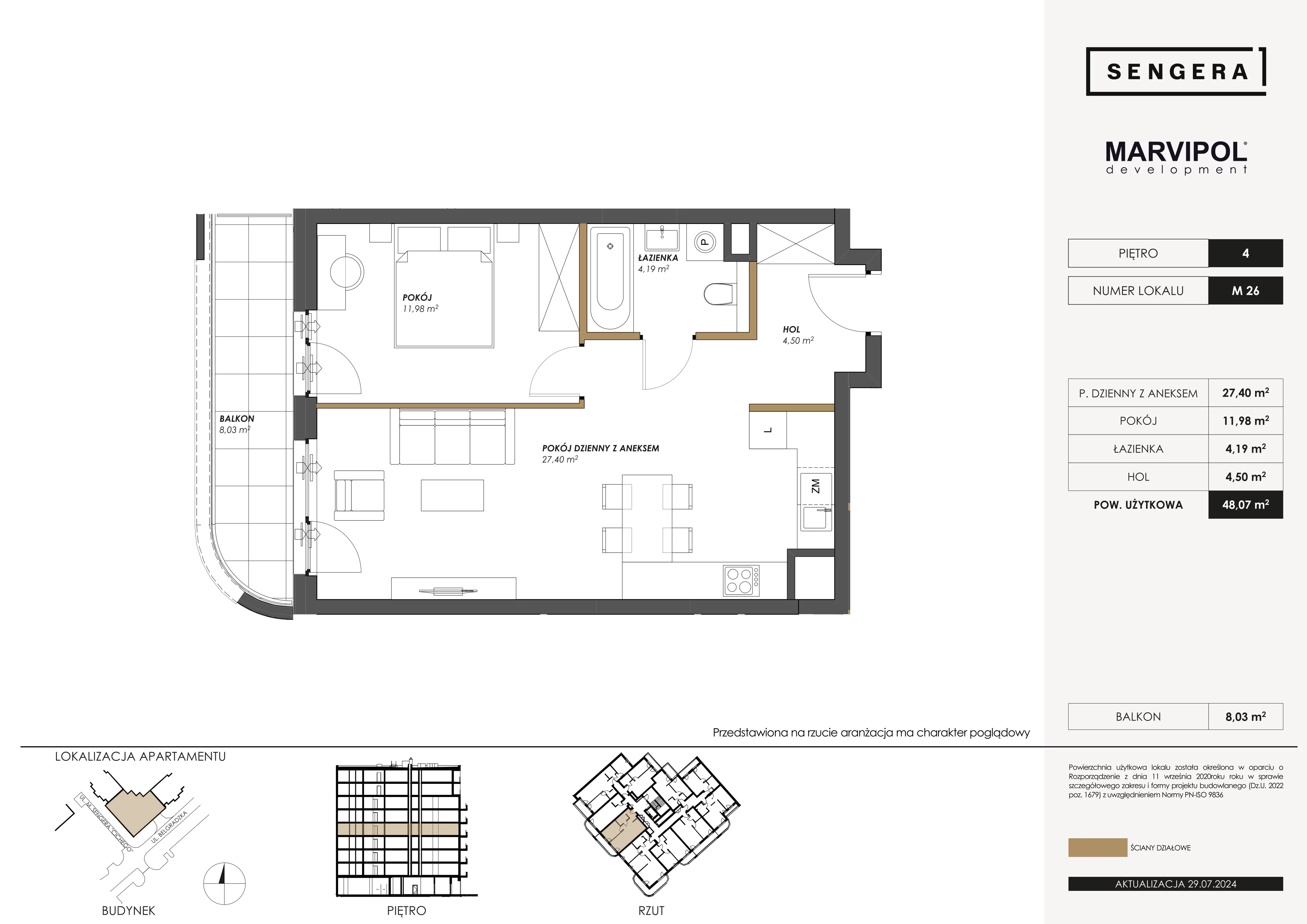 2 pokoje, apartament 48,07 m², piętro 4, oferta nr 1/M26, Sengera 1, Warszawa, Ursynów, Natolin, ul. Mariana Sengera „Cichego” 1