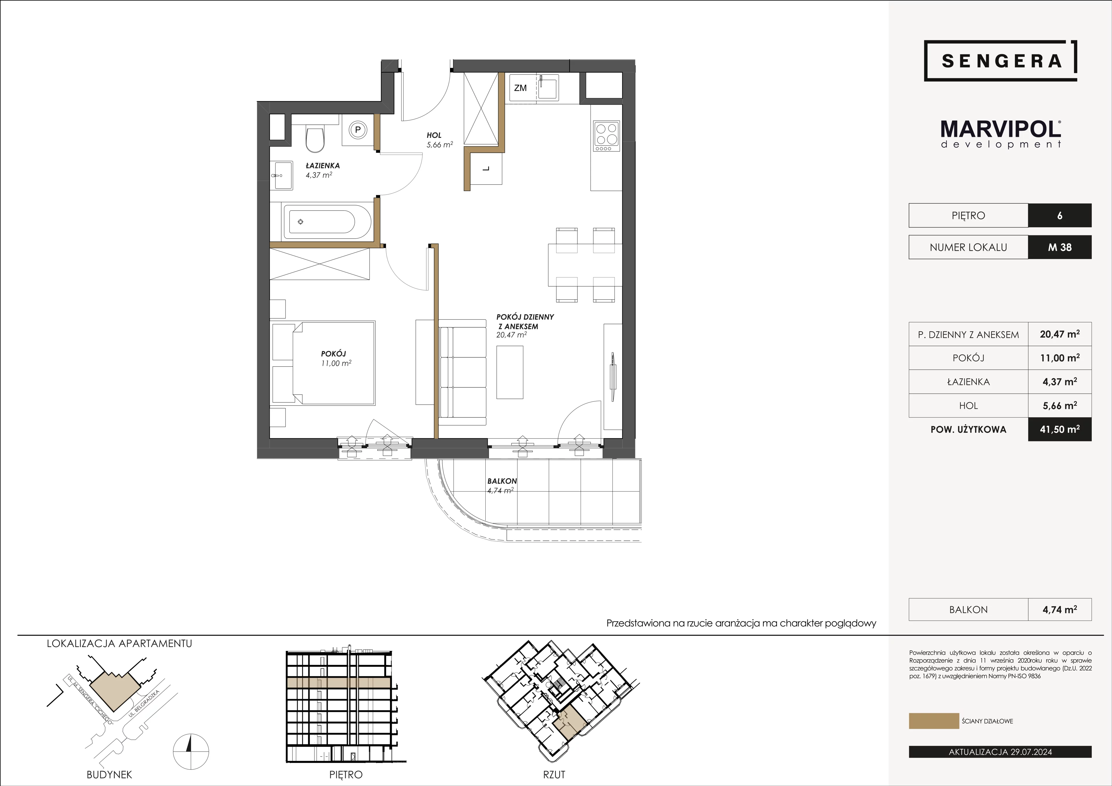 2 pokoje, apartament 41,50 m², piętro 6, oferta nr 1/M38, Sengera 1, Warszawa, Ursynów, Natolin, ul. Mariana Sengera „Cichego” 1