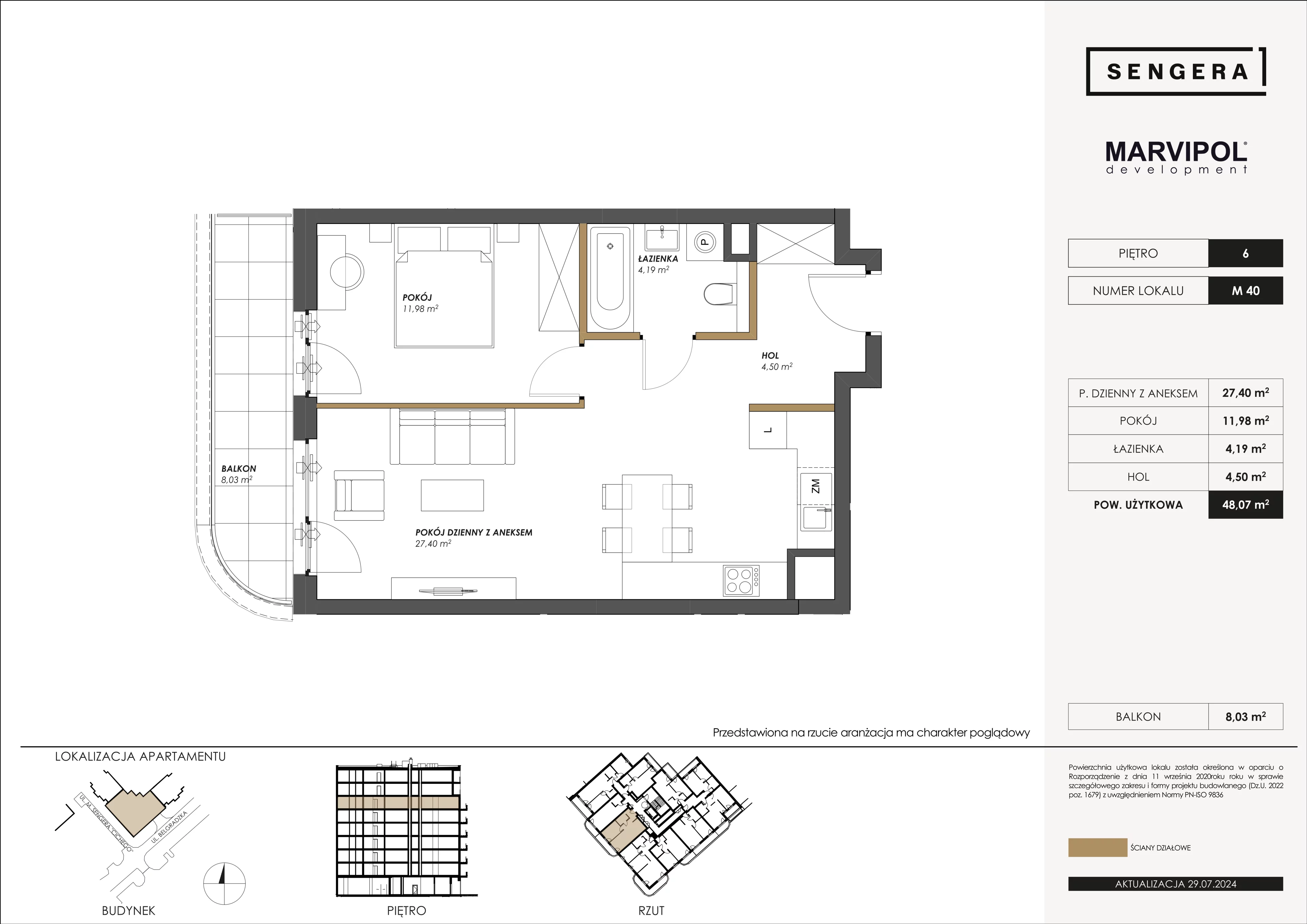 2 pokoje, apartament 48,07 m², piętro 6, oferta nr 1/M40, Sengera 1, Warszawa, Ursynów, Natolin, ul. Mariana Sengera „Cichego” 1