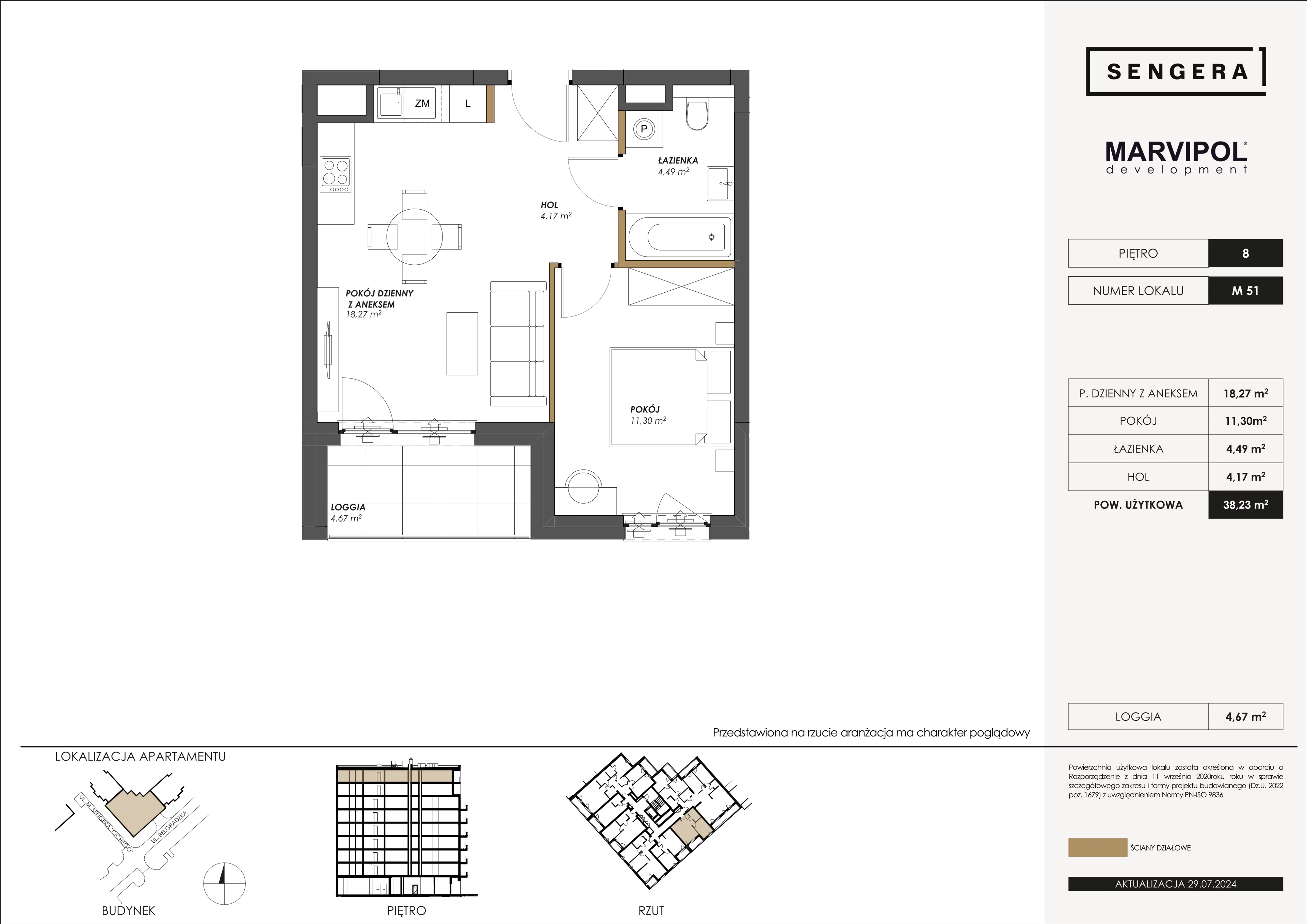 2 pokoje, apartament 38,23 m², piętro 8, oferta nr 1/M51, Sengera 1, Warszawa, Ursynów, Natolin, ul. Mariana Sengera „Cichego” 1