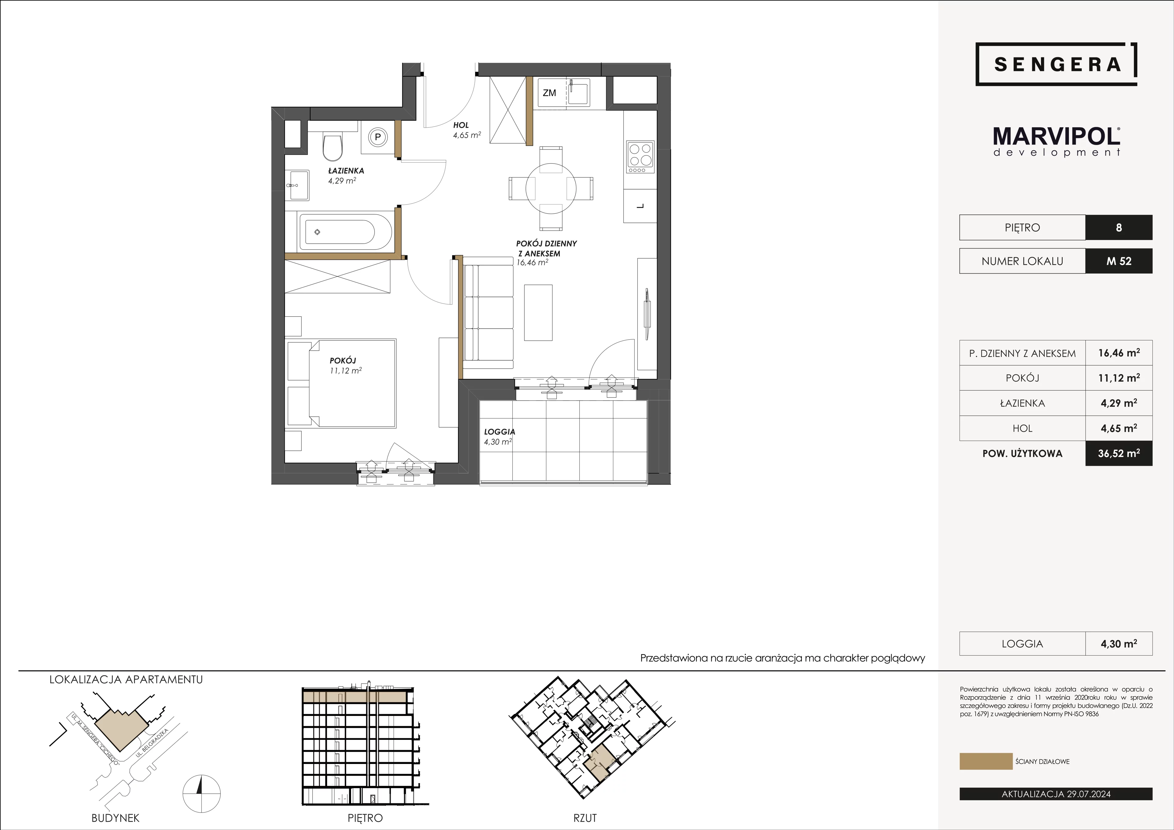 2 pokoje, apartament 36,52 m², piętro 8, oferta nr 1/M52, Sengera 1, Warszawa, Ursynów, Natolin, ul. Mariana Sengera „Cichego” 1
