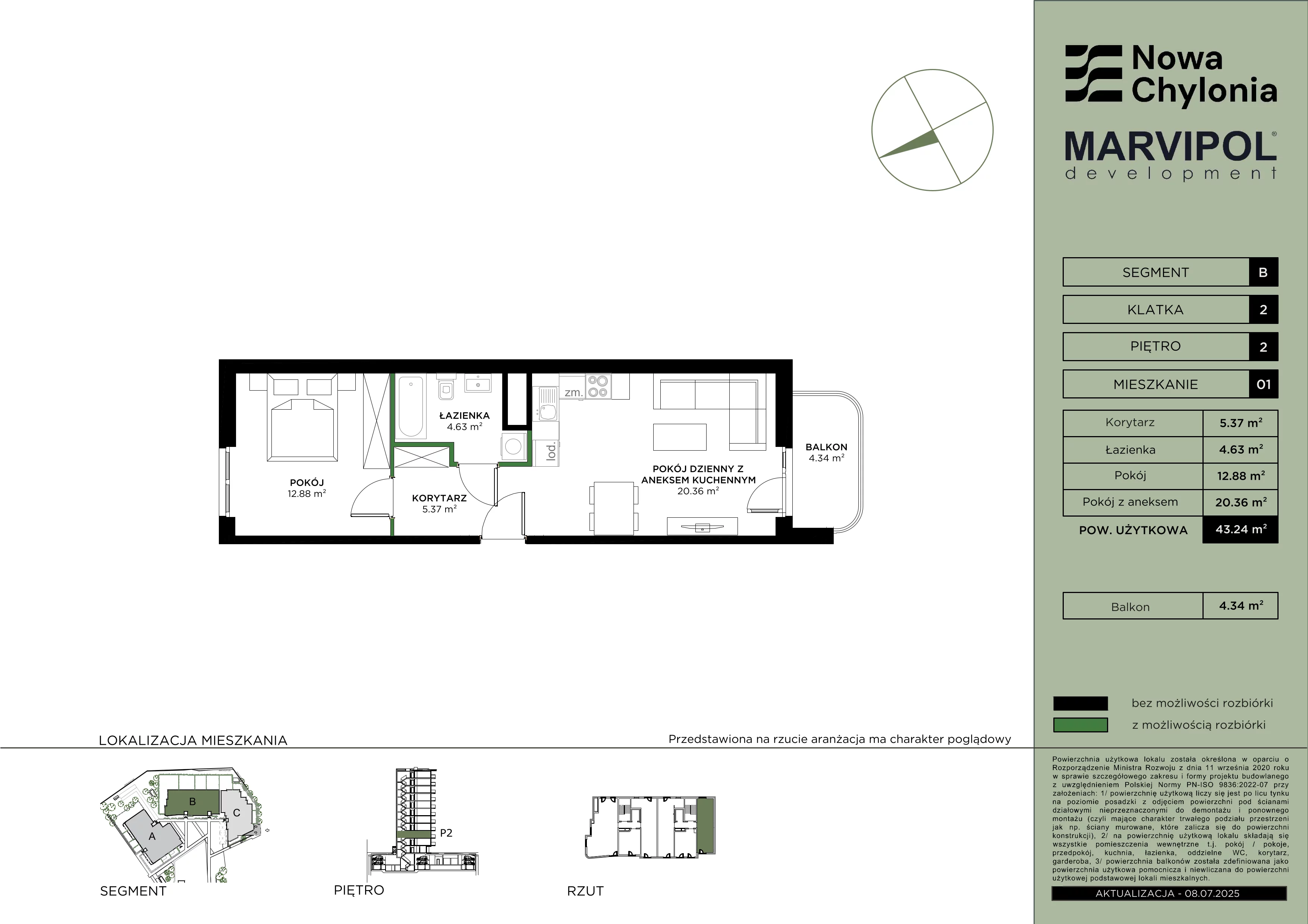 2 pokoje, mieszkanie 43,24 m², piętro 2, oferta nr B/B2-2-01, Nowa Chylonia, Gdynia, Chylonia, Chylonia, ul. Pucka 4