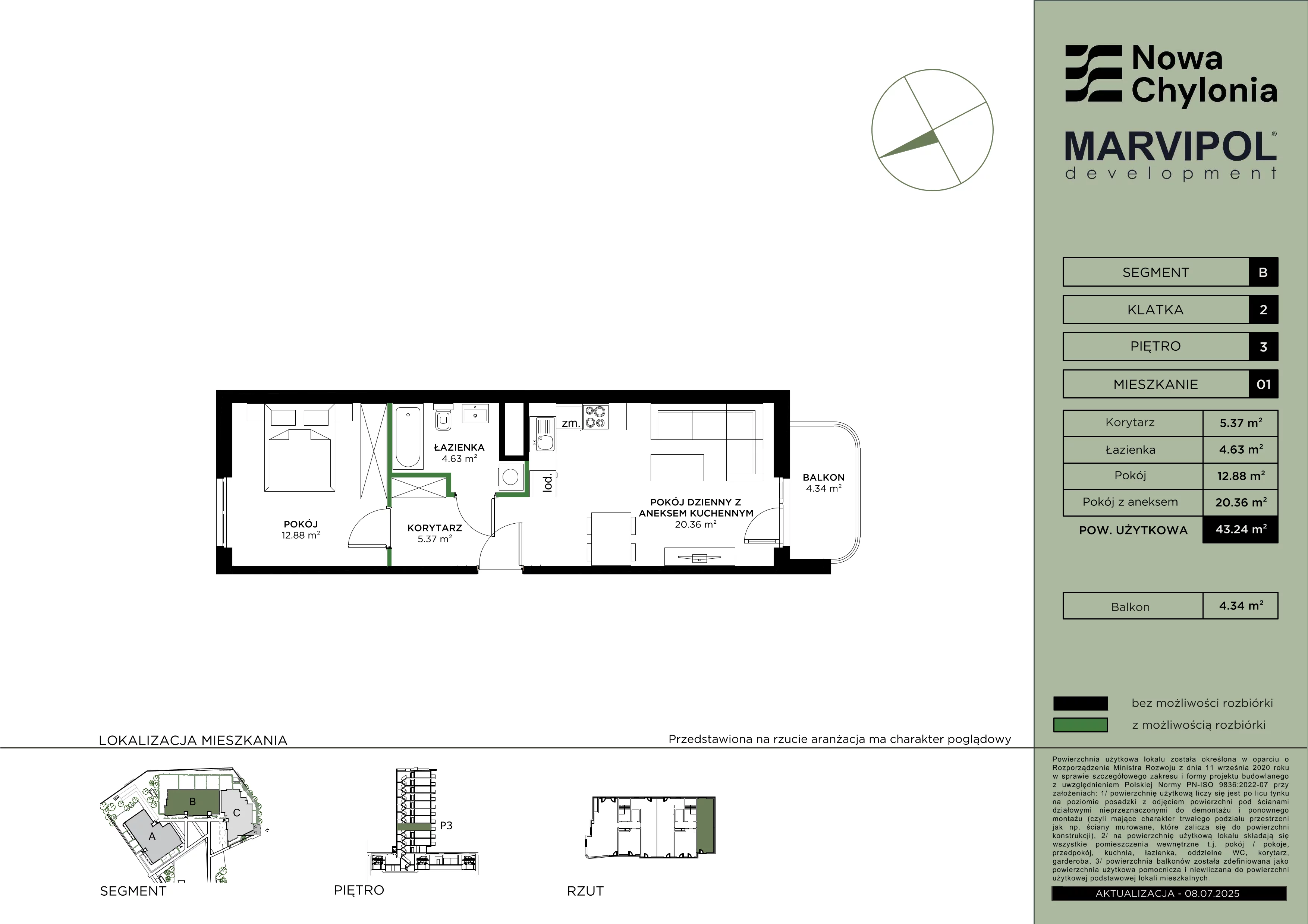 2 pokoje, mieszkanie 43,24 m², piętro 3, oferta nr B/B2-3-01, Nowa Chylonia, Gdynia, Chylonia, Chylonia, ul. Pucka 4