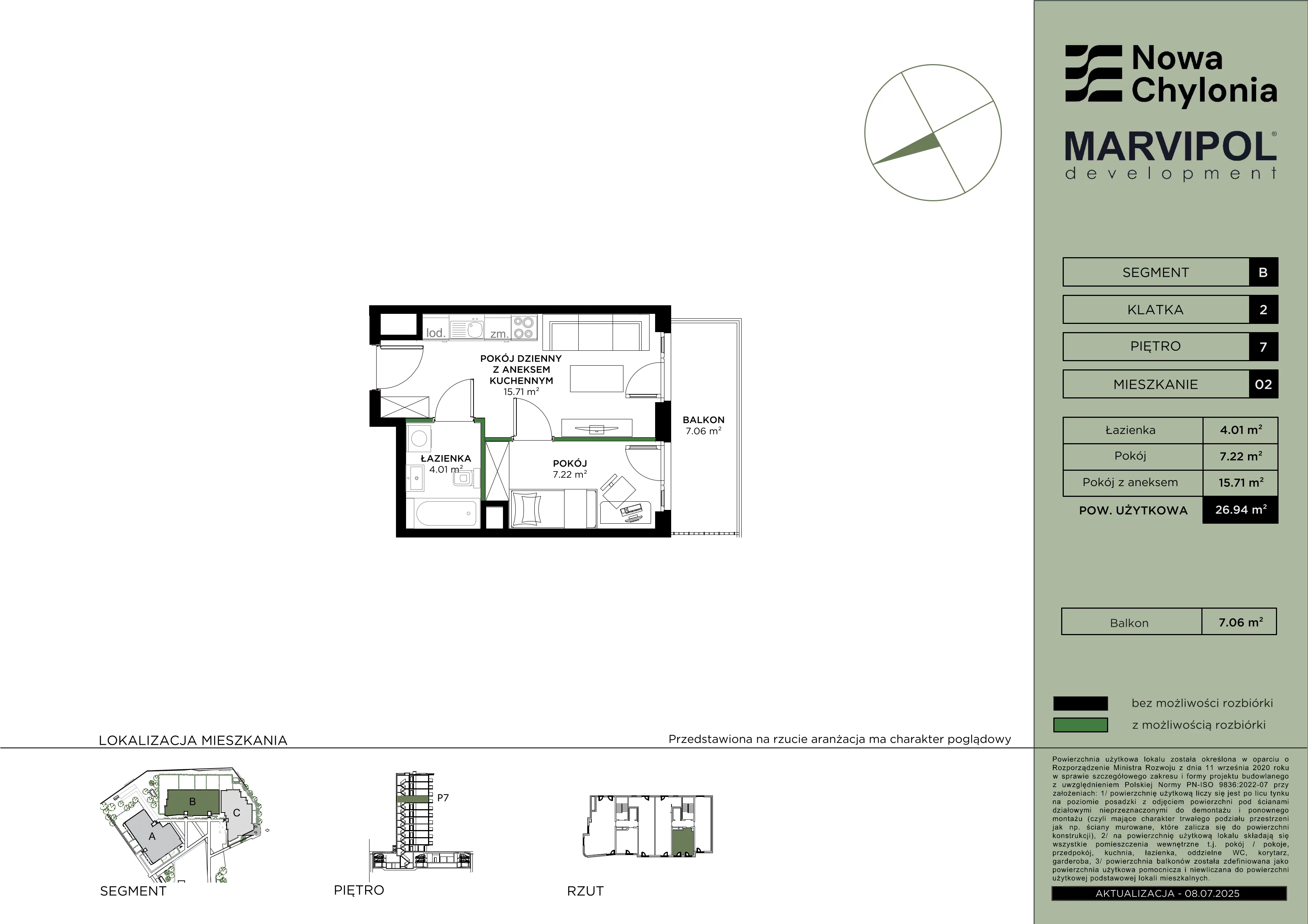 2 pokoje, mieszkanie 26,94 m², piętro 7, oferta nr B/B2-7-02, Nowa Chylonia, Gdynia, Chylonia, Chylonia, ul. Pucka 4