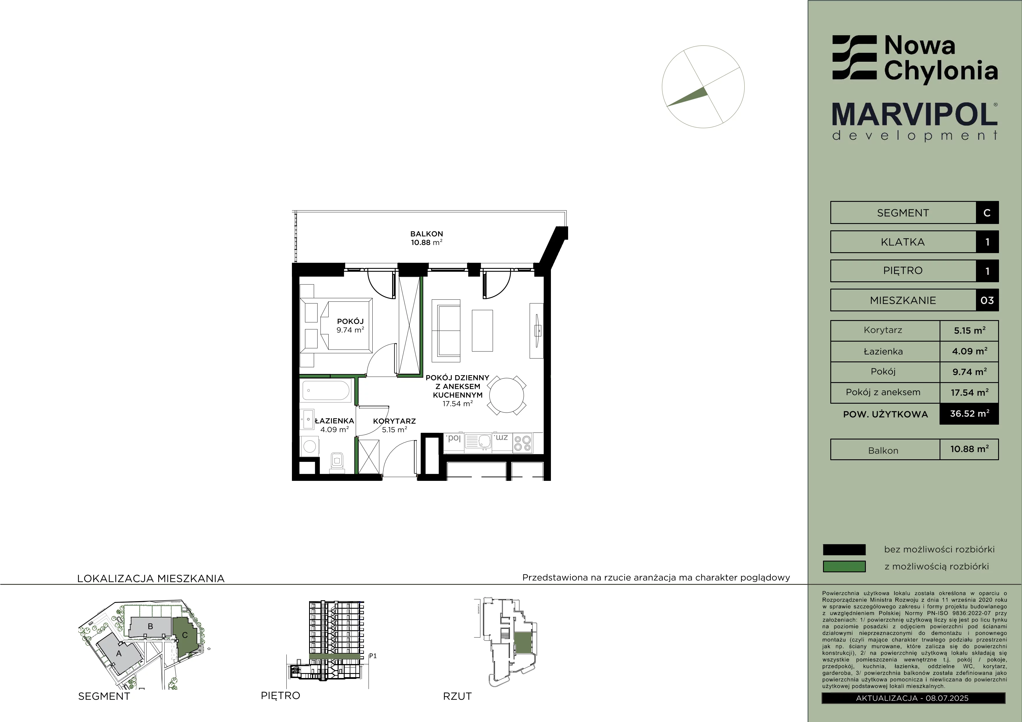2 pokoje, mieszkanie 36,52 m², piętro 1, oferta nr C/C-1-03, Nowa Chylonia, Gdynia, Chylonia, Chylonia, ul. Pucka 4