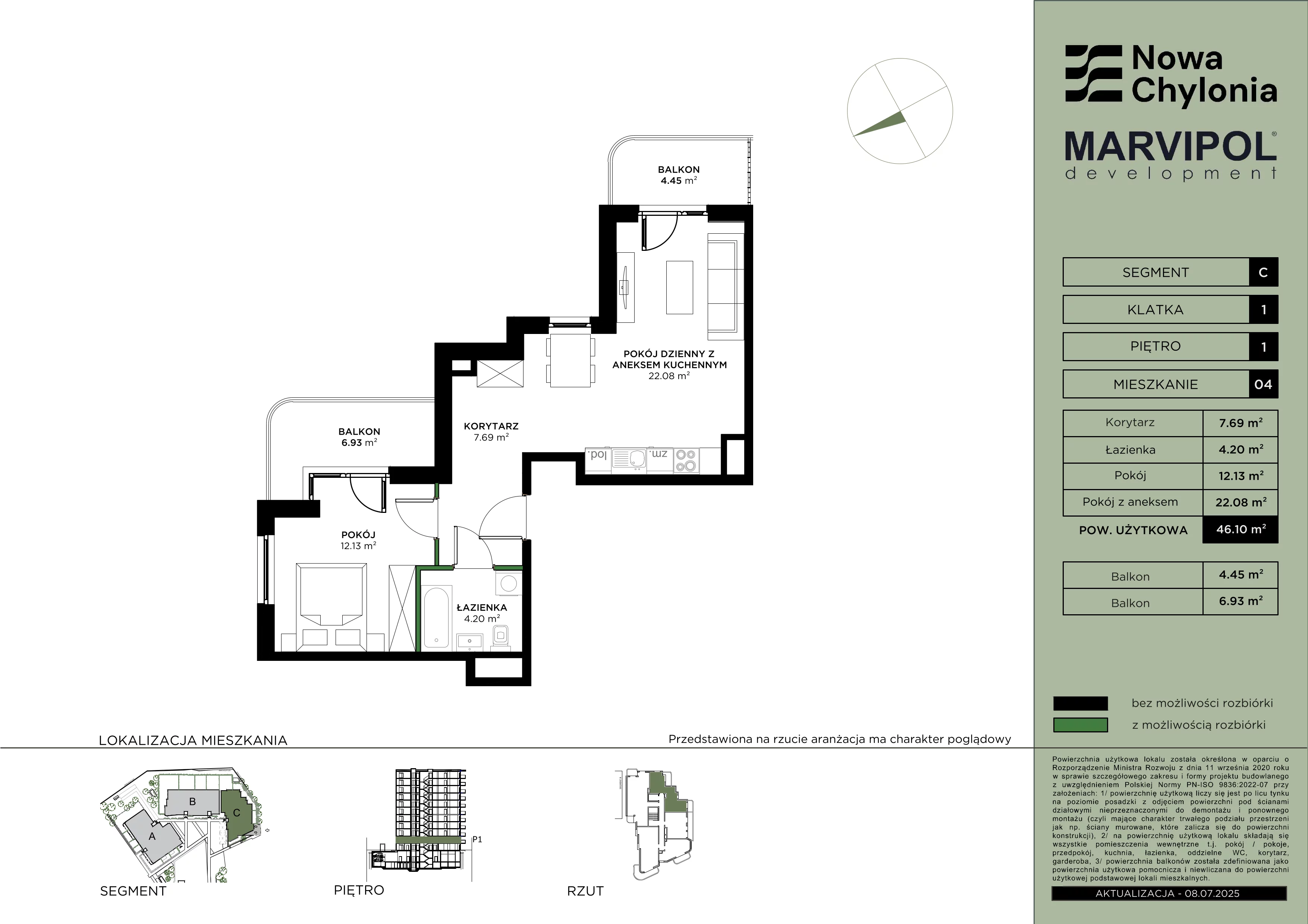 2 pokoje, mieszkanie 46,10 m², piętro 1, oferta nr C/C-1-04, Nowa Chylonia, Gdynia, Chylonia, Chylonia, ul. Pucka 4