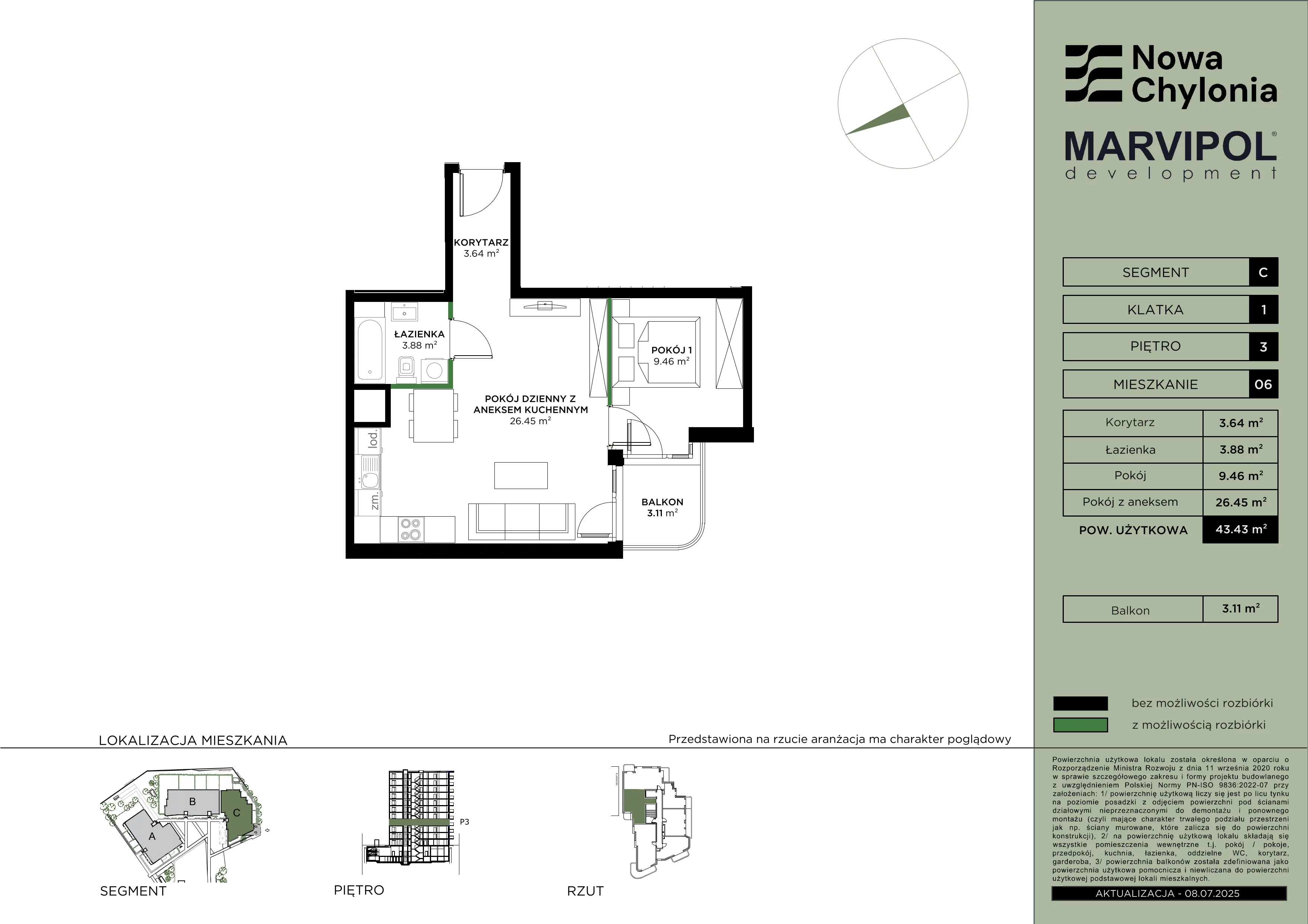 2 pokoje, mieszkanie 43,43 m², piętro 3, oferta nr C/C-3-06, Nowa Chylonia, Gdynia, Chylonia, Chylonia, ul. Pucka 4