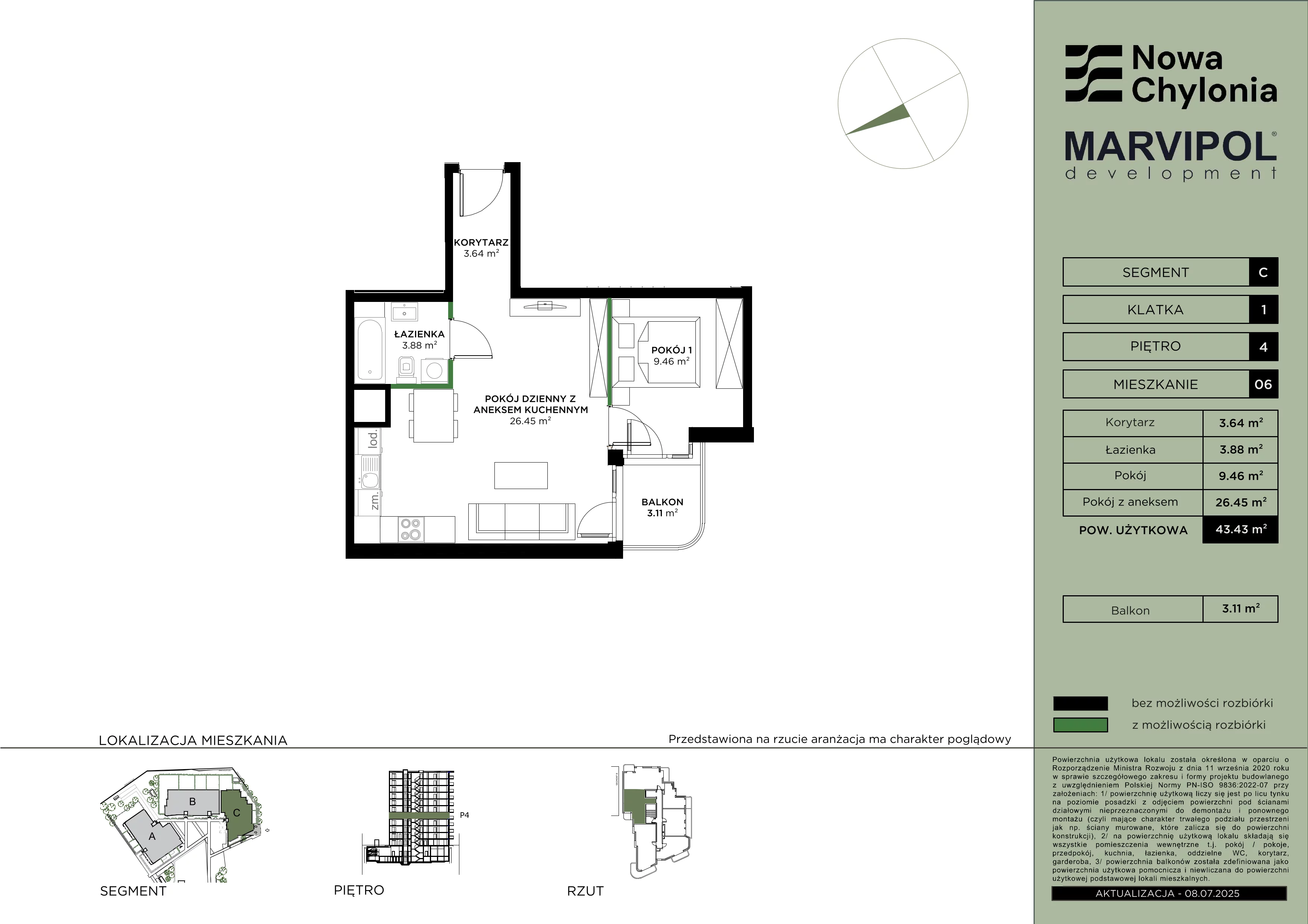 2 pokoje, mieszkanie 43,43 m², piętro 4, oferta nr C/C-4-06, Nowa Chylonia, Gdynia, Chylonia, Chylonia, ul. Pucka 4