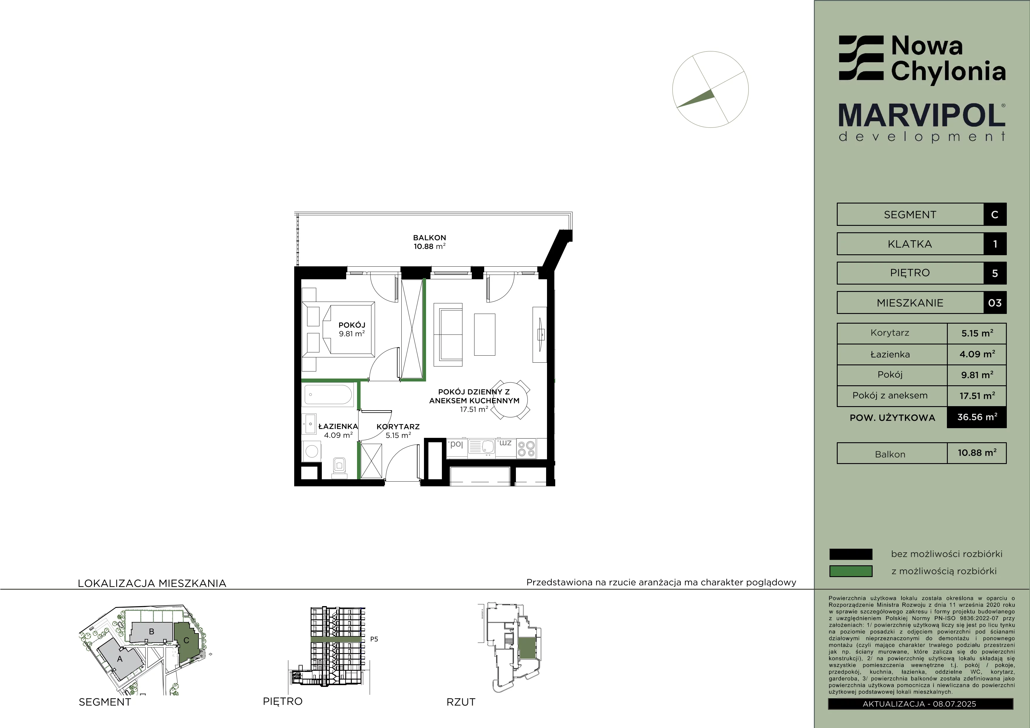 2 pokoje, mieszkanie 36,56 m², piętro 5, oferta nr C/C-5-03, Nowa Chylonia, Gdynia, Chylonia, Chylonia, ul. Pucka 4