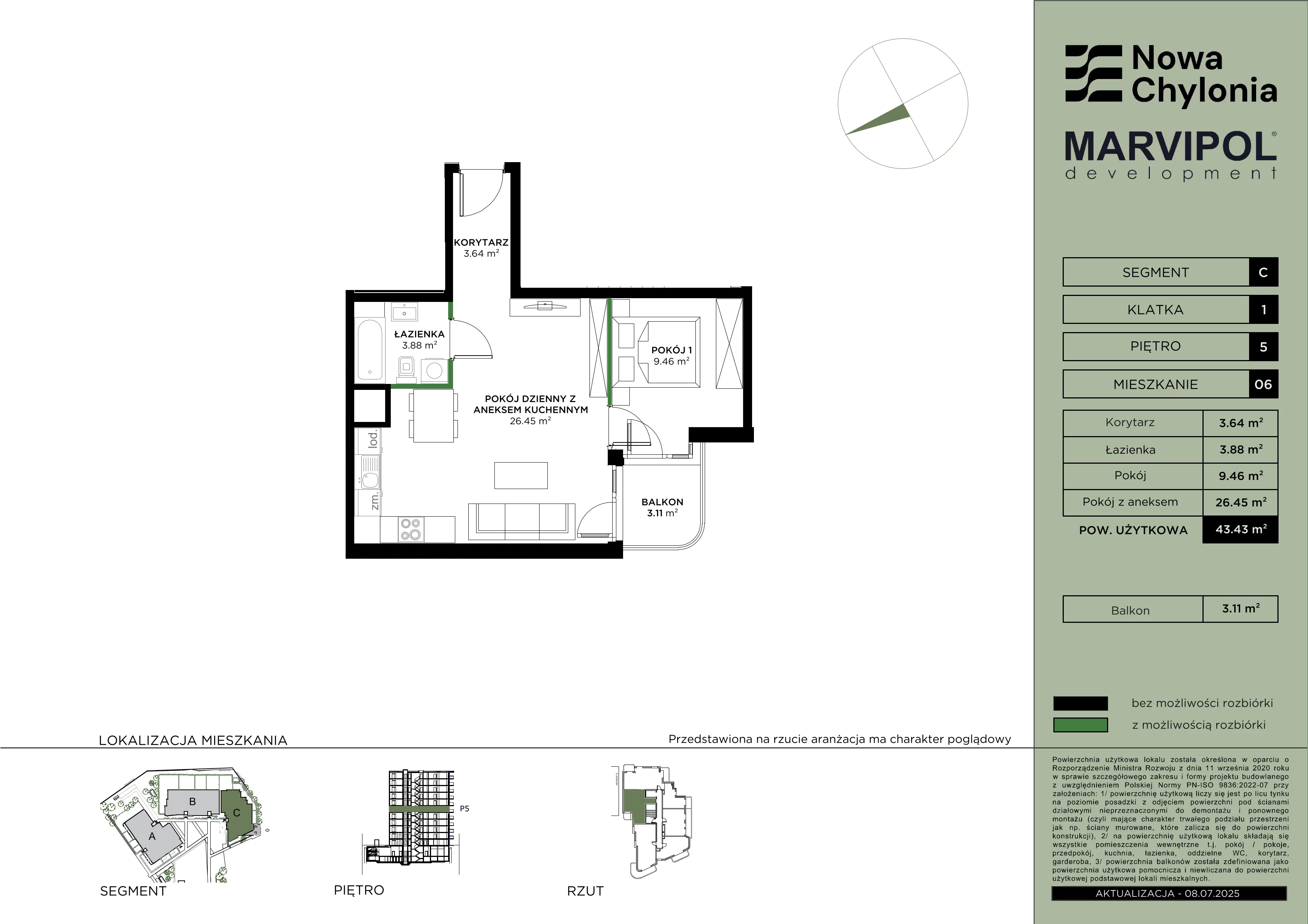 2 pokoje, mieszkanie 43,43 m², piętro 5, oferta nr C/C-5-06, Nowa Chylonia, Gdynia, Chylonia, Chylonia, ul. Pucka 4