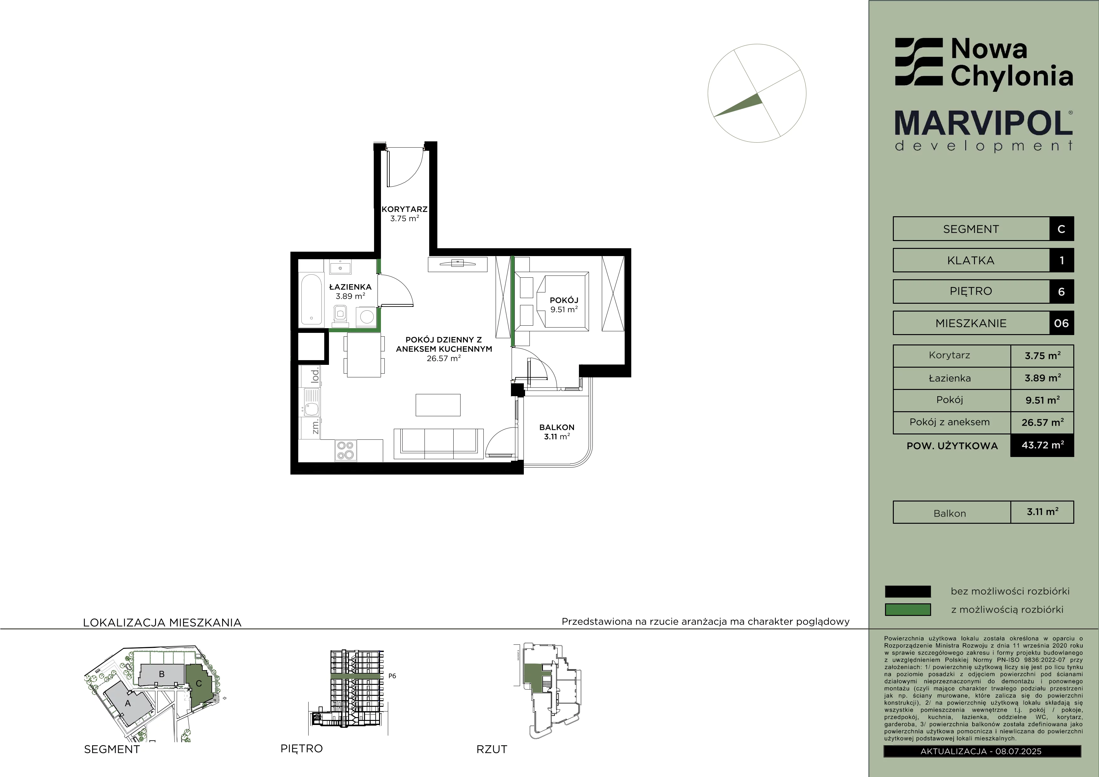 2 pokoje, mieszkanie 43,72 m², piętro 6, oferta nr C/C-6-06, Nowa Chylonia, Gdynia, Chylonia, Chylonia, ul. Pucka 4