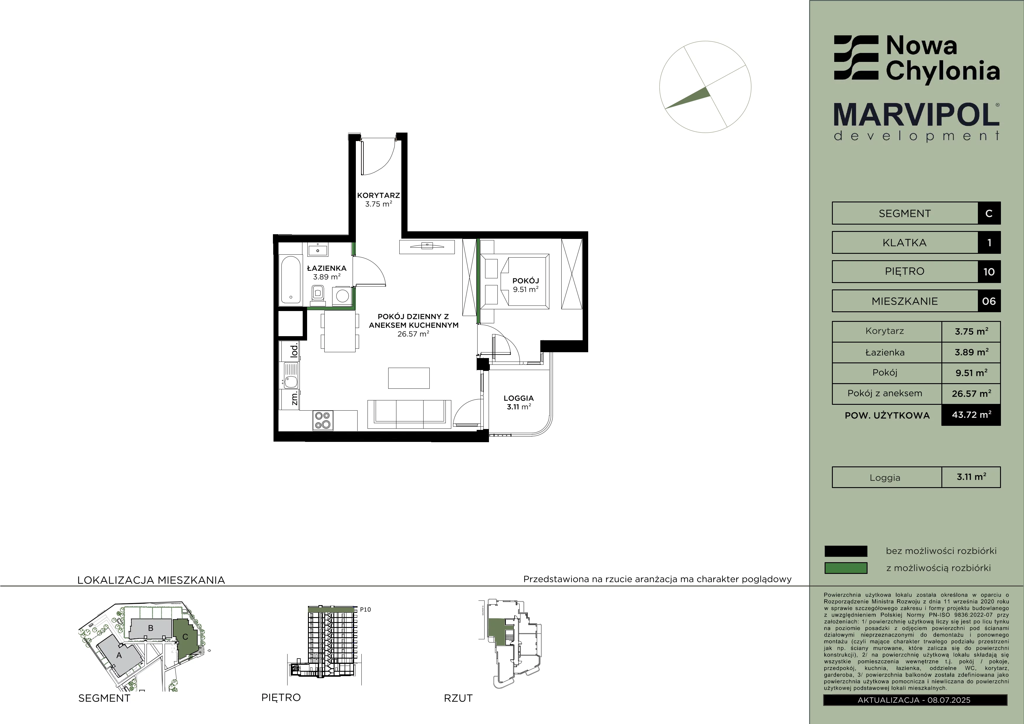 2 pokoje, mieszkanie 43,72 m², piętro 10, oferta nr C/C-10-06, Nowa Chylonia, Gdynia, Chylonia, Chylonia, ul. Pucka 4