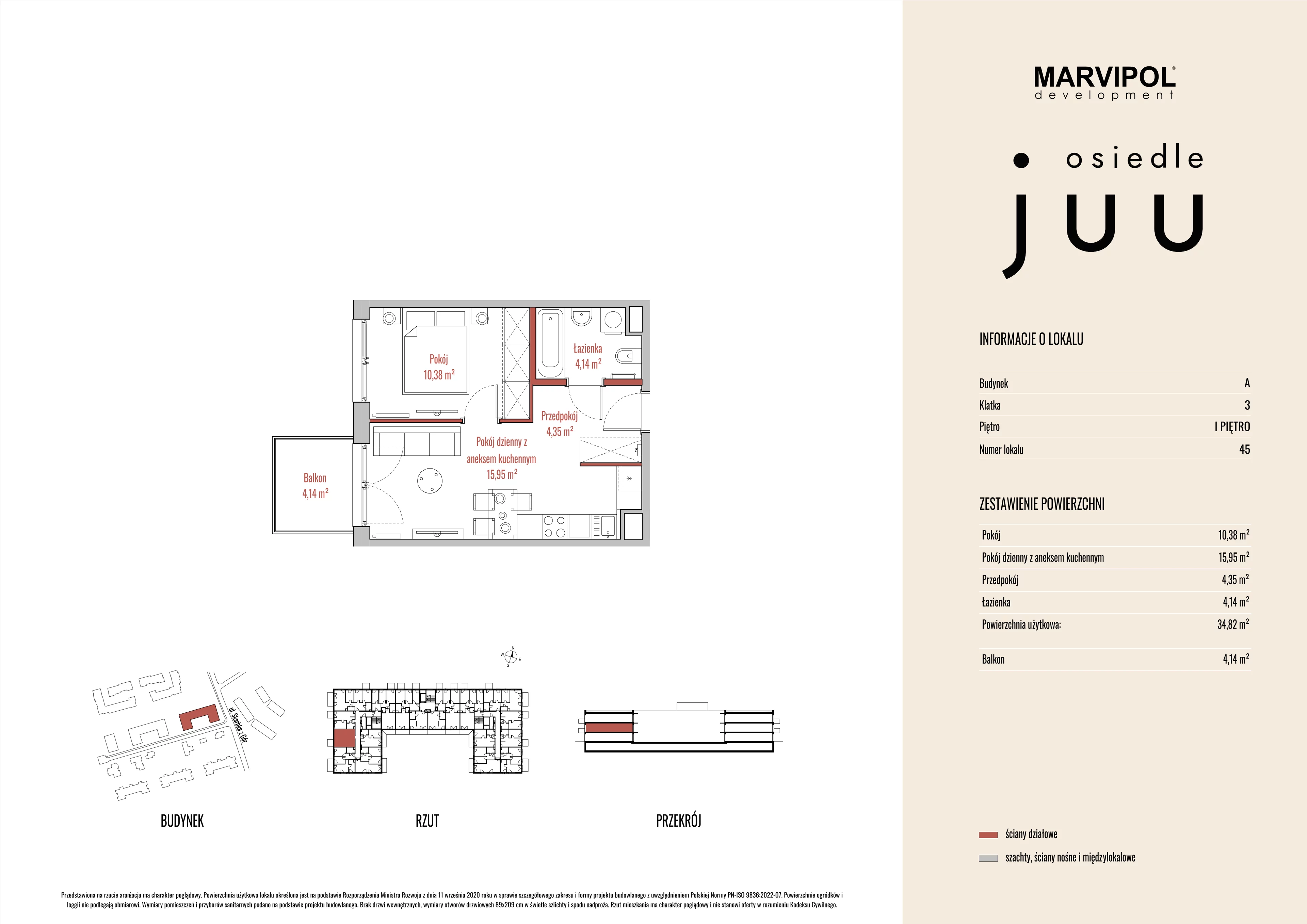 2 pokoje, mieszkanie 34,85 m², piętro 1, oferta nr A/M045, Osiedle Juu, Warszawa, Białołęka, Grodzisk, ul. Skarbka z Gór 47