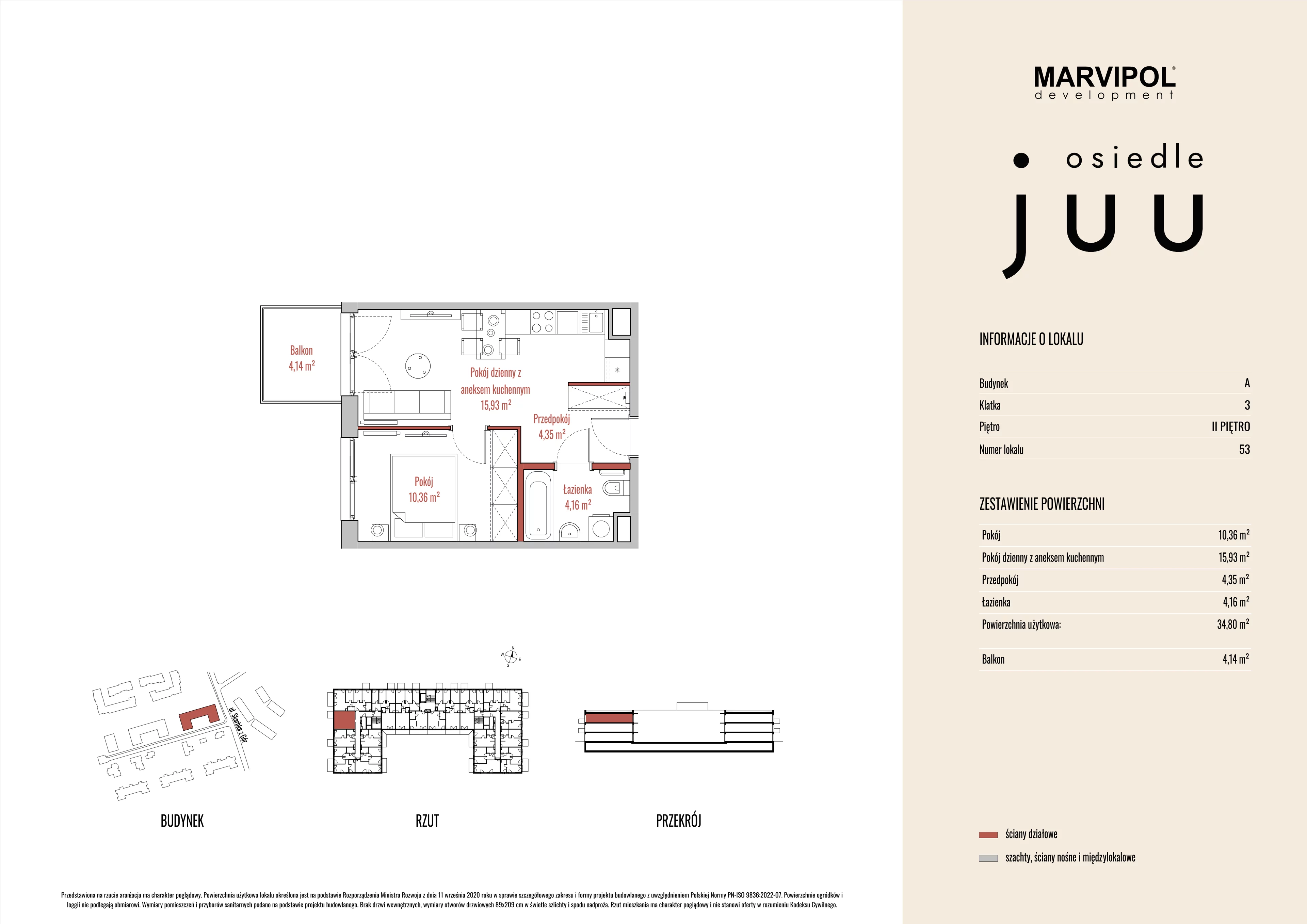 2 pokoje, mieszkanie 34,84 m², piętro 2, oferta nr A/M053, Osiedle Juu, Warszawa, Białołęka, Grodzisk, ul. Skarbka z Gór 47