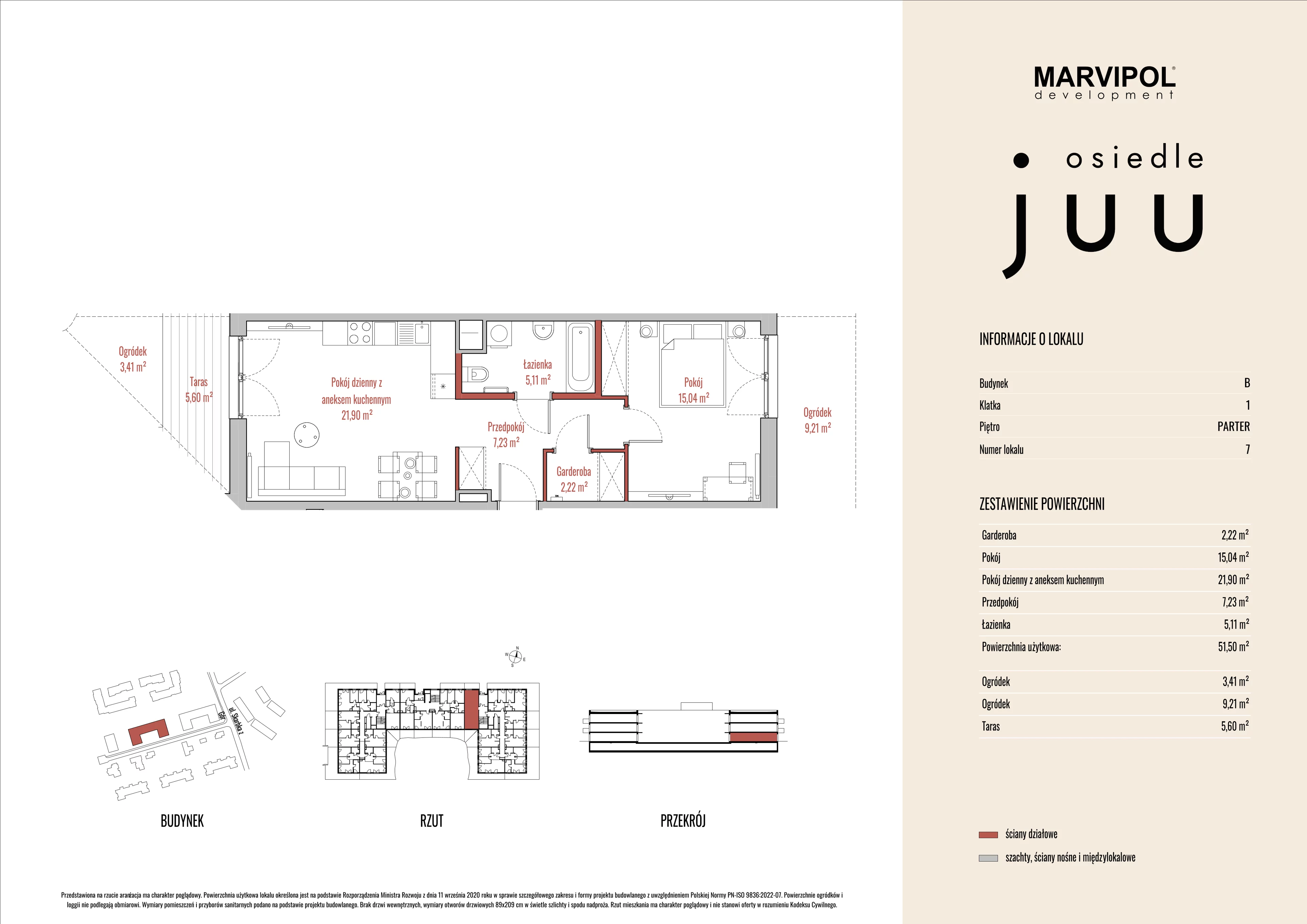 2 pokoje, mieszkanie 51,54 m², parter, oferta nr B/M007, Osiedle Juu, Warszawa, Białołęka, Grodzisk, ul. Skarbka z Gór 47