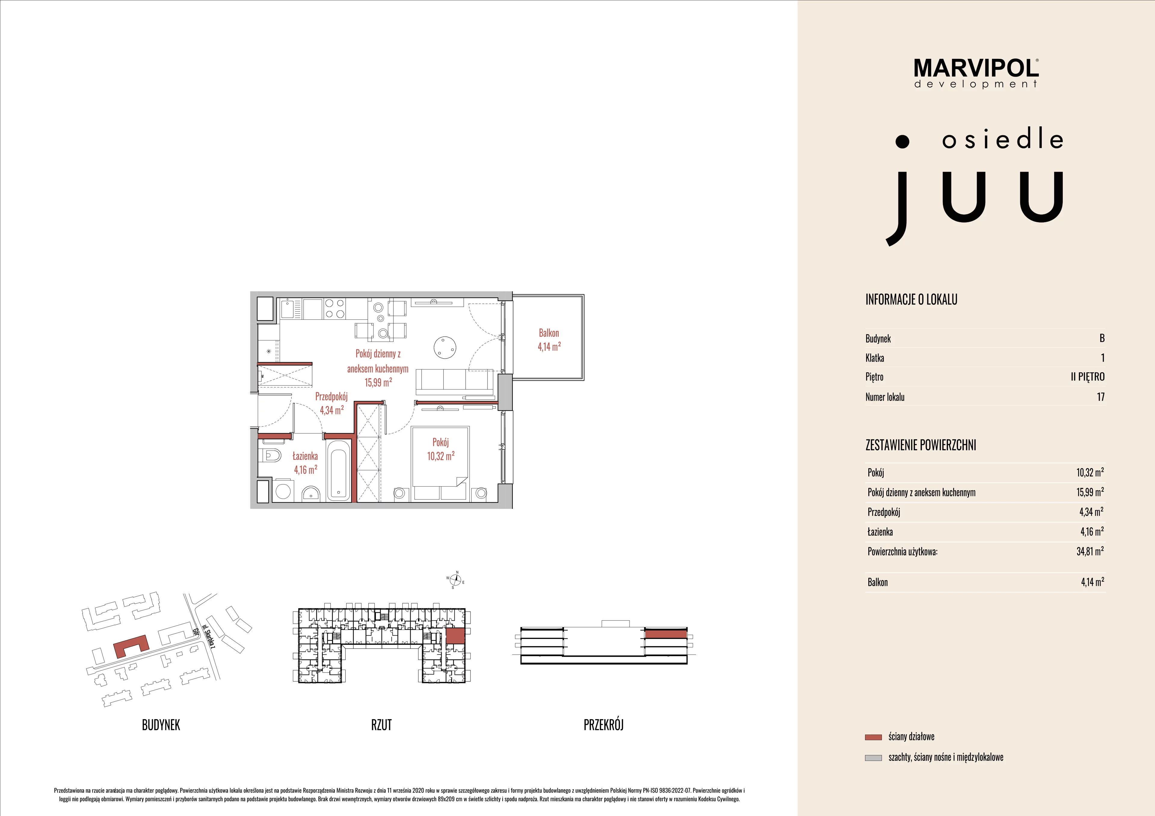 2 pokoje, mieszkanie 34,85 m², piętro 2, oferta nr B/M017, Osiedle Juu, Warszawa, Białołęka, Grodzisk, ul. Skarbka z Gór 47