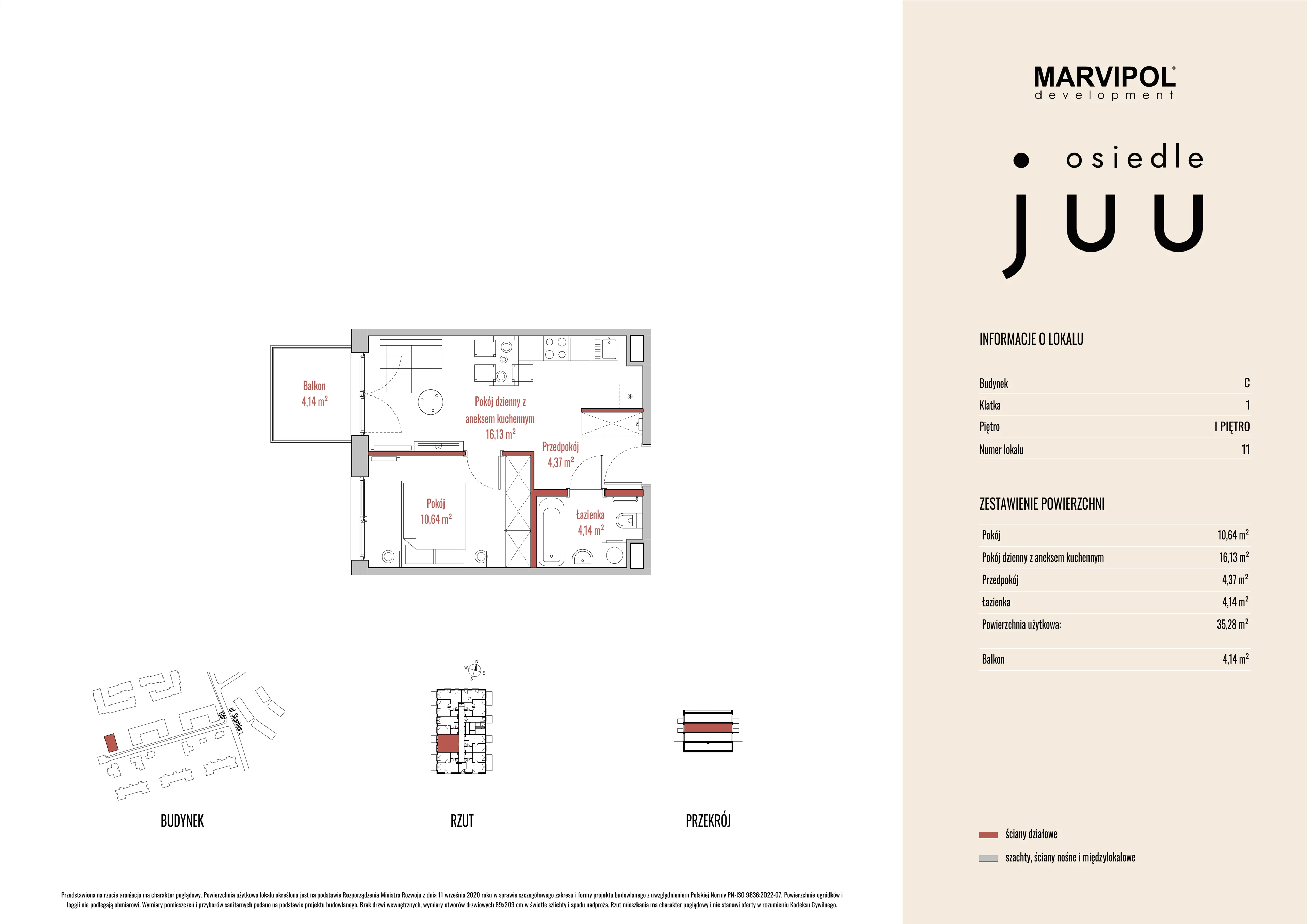 2 pokoje, mieszkanie 35,31 m², piętro 1, oferta nr C/M011, Osiedle Juu, Warszawa, Białołęka, Grodzisk, ul. Skarbka z Gór 47