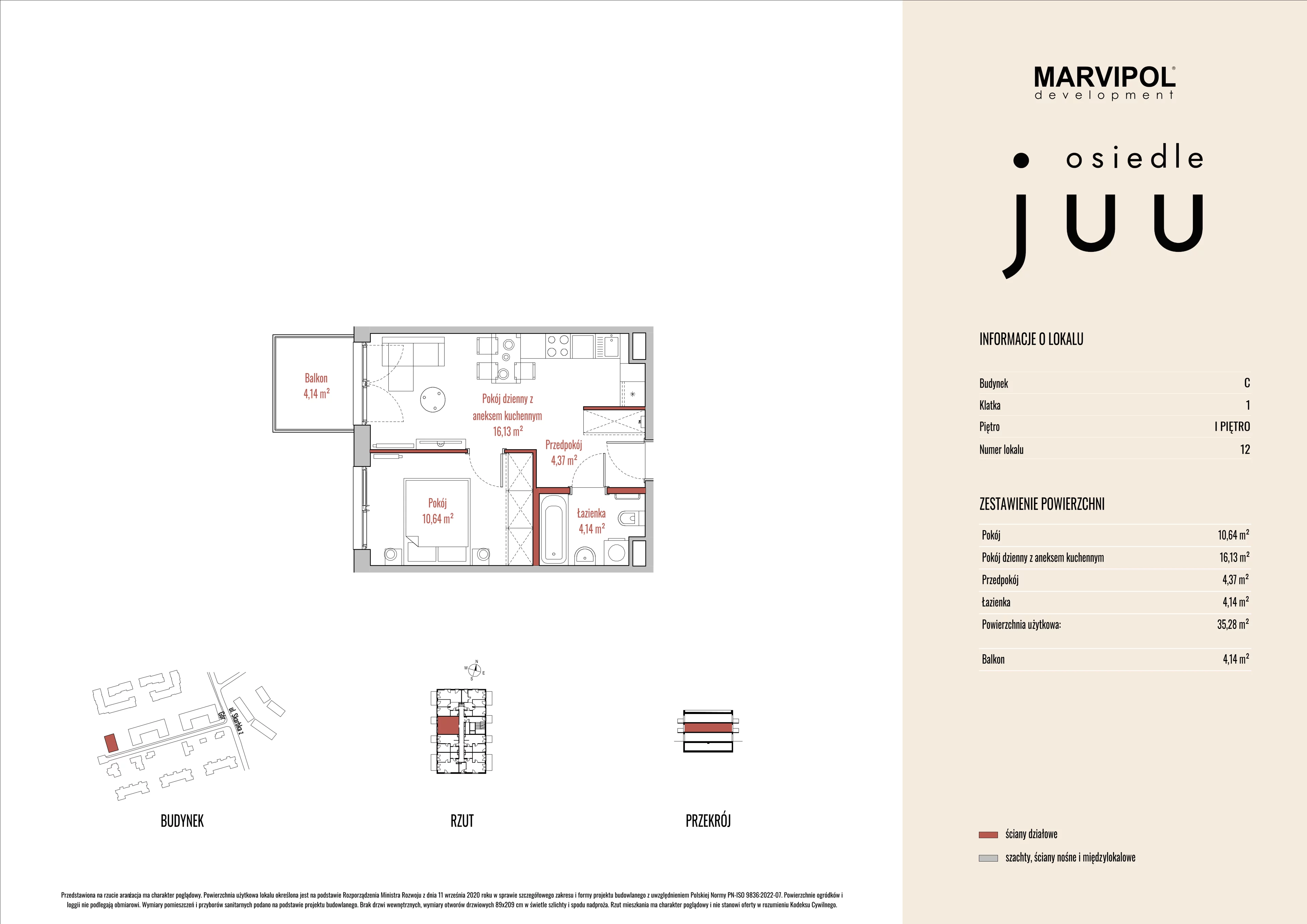 2 pokoje, mieszkanie 35,31 m², piętro 1, oferta nr C/M012, Osiedle Juu, Warszawa, Białołęka, Grodzisk, ul. Skarbka z Gór 47